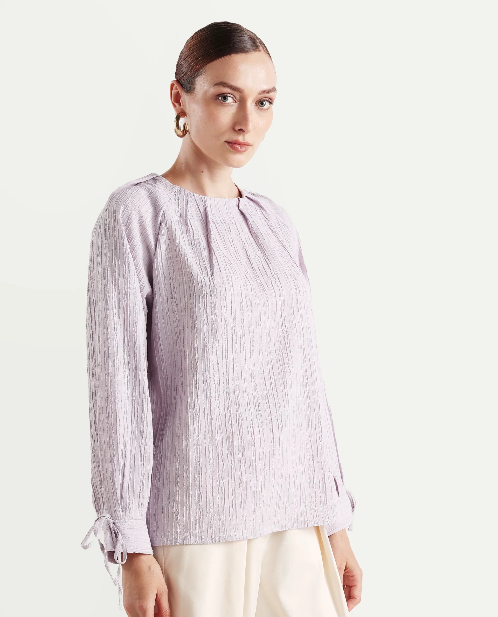 Rareism Women's Serty Grey Polyester Tie-Up Neck Plain Raglan Sleeve Regular Fit Top