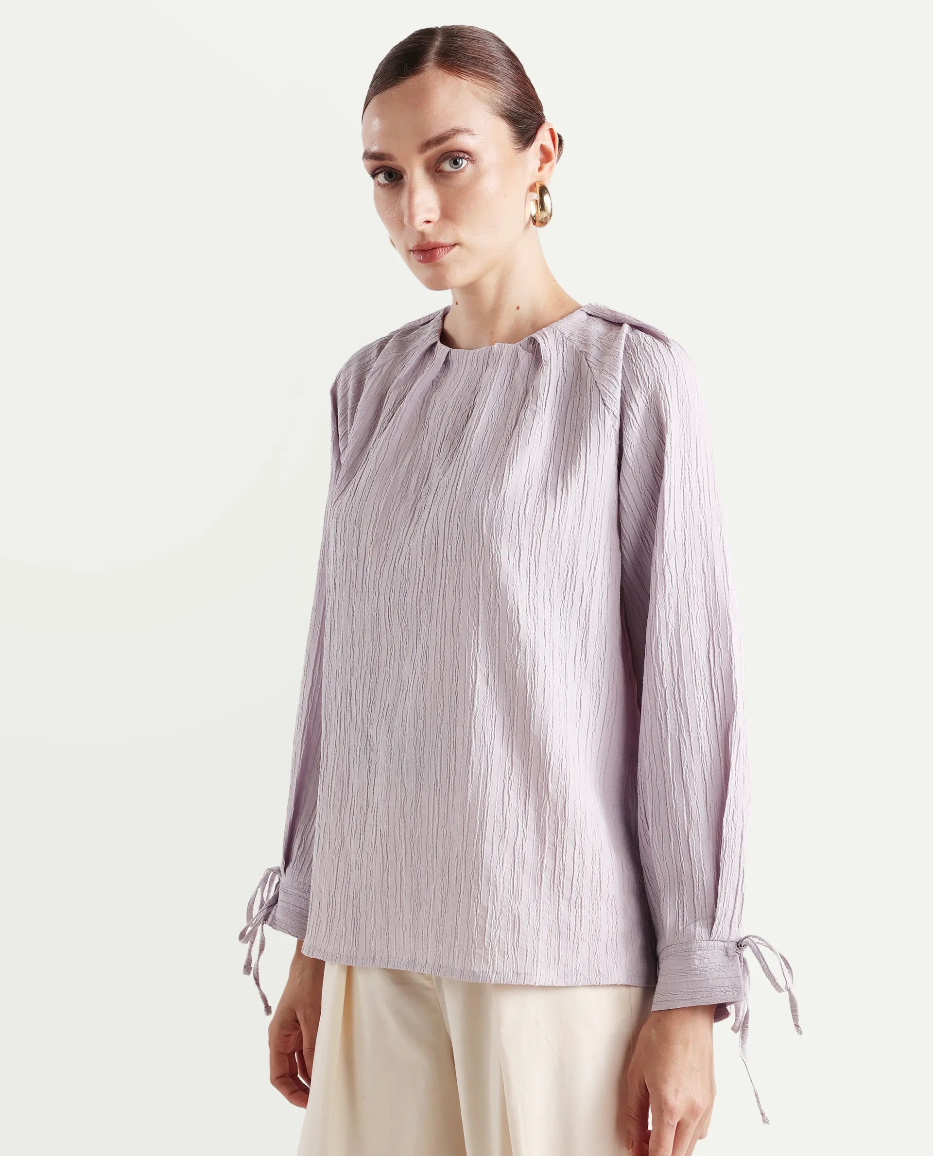 Rareism Women's Serty Grey Polyester Tie-Up Neck Plain Raglan Sleeve Regular Fit Top
