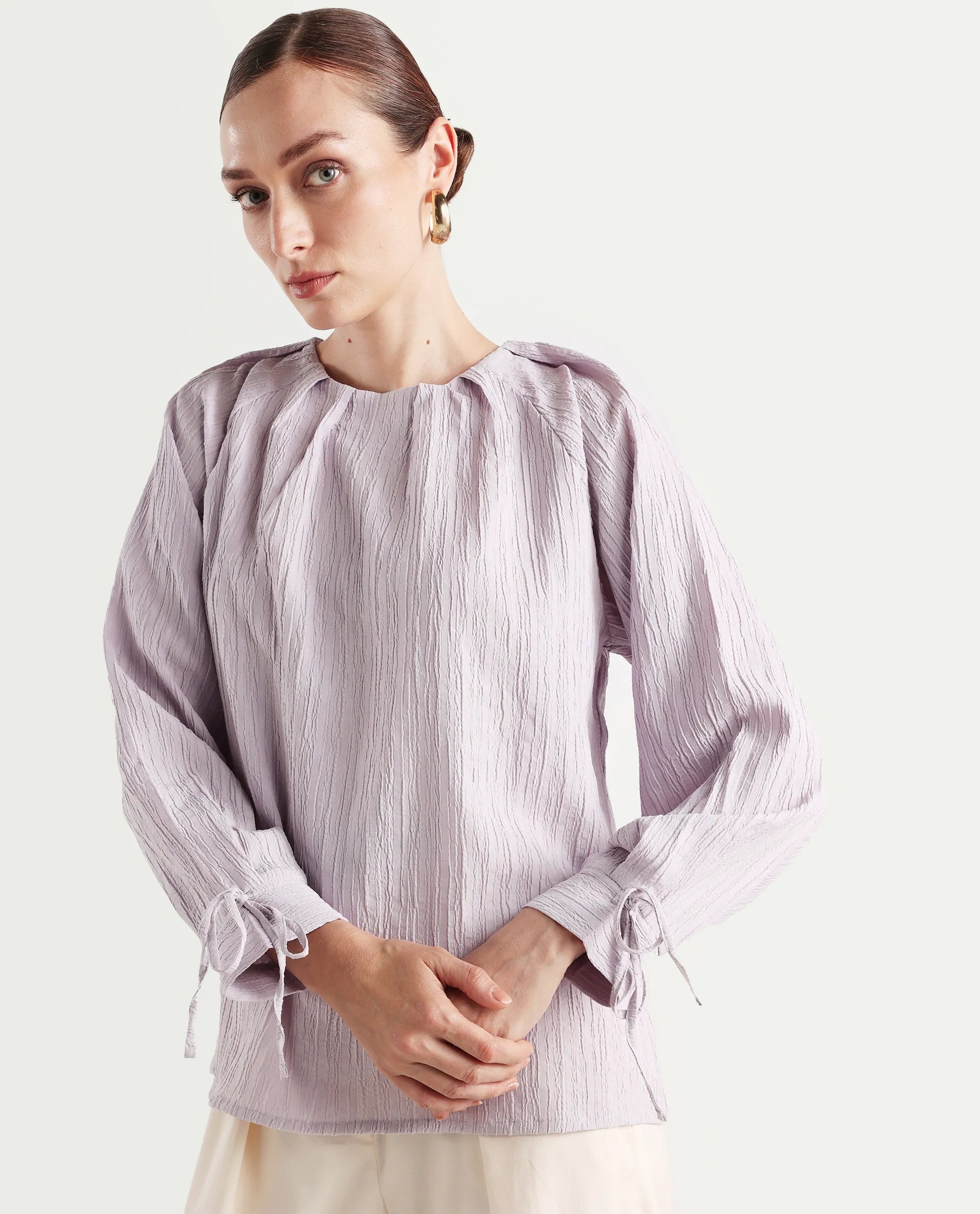 Rareism Women's Serty Grey Polyester Tie-Up Neck Plain Raglan Sleeve Regular Fit Top