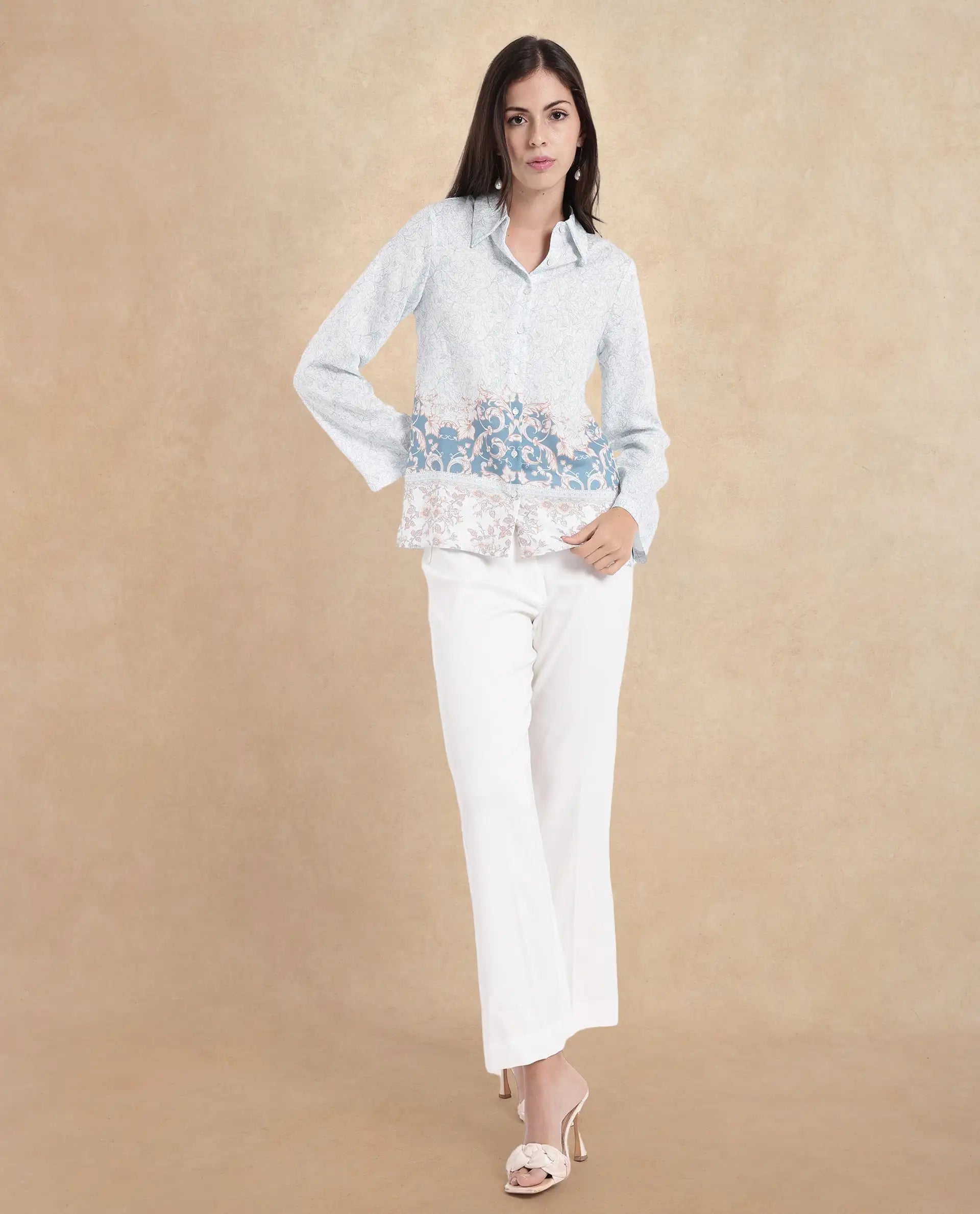 Rareism Women Sesent Light Multi Cuffed Sleeve Collared Neck  Abstract Print Top