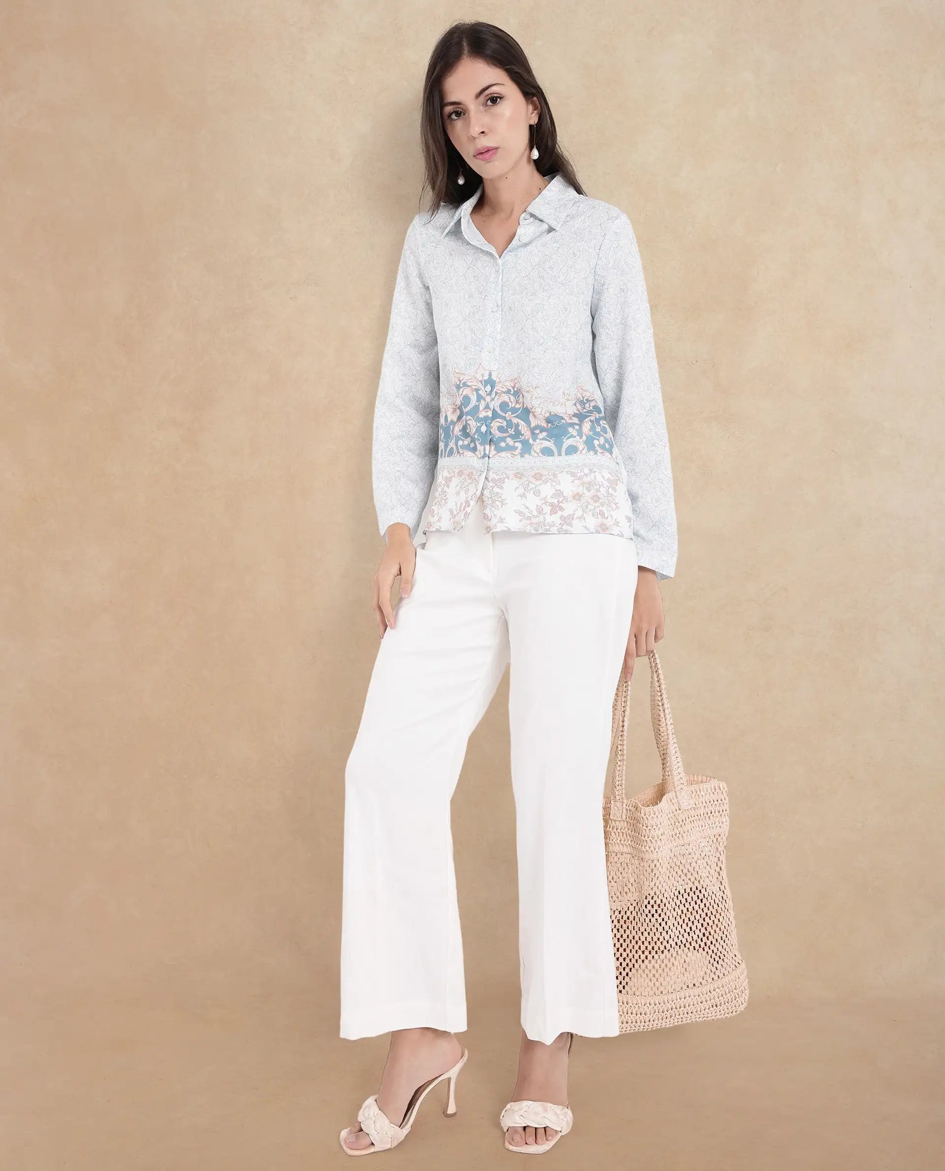 Rareism Women Sesent Light Multi Cuffed Sleeve Collared Neck  Abstract Print Top