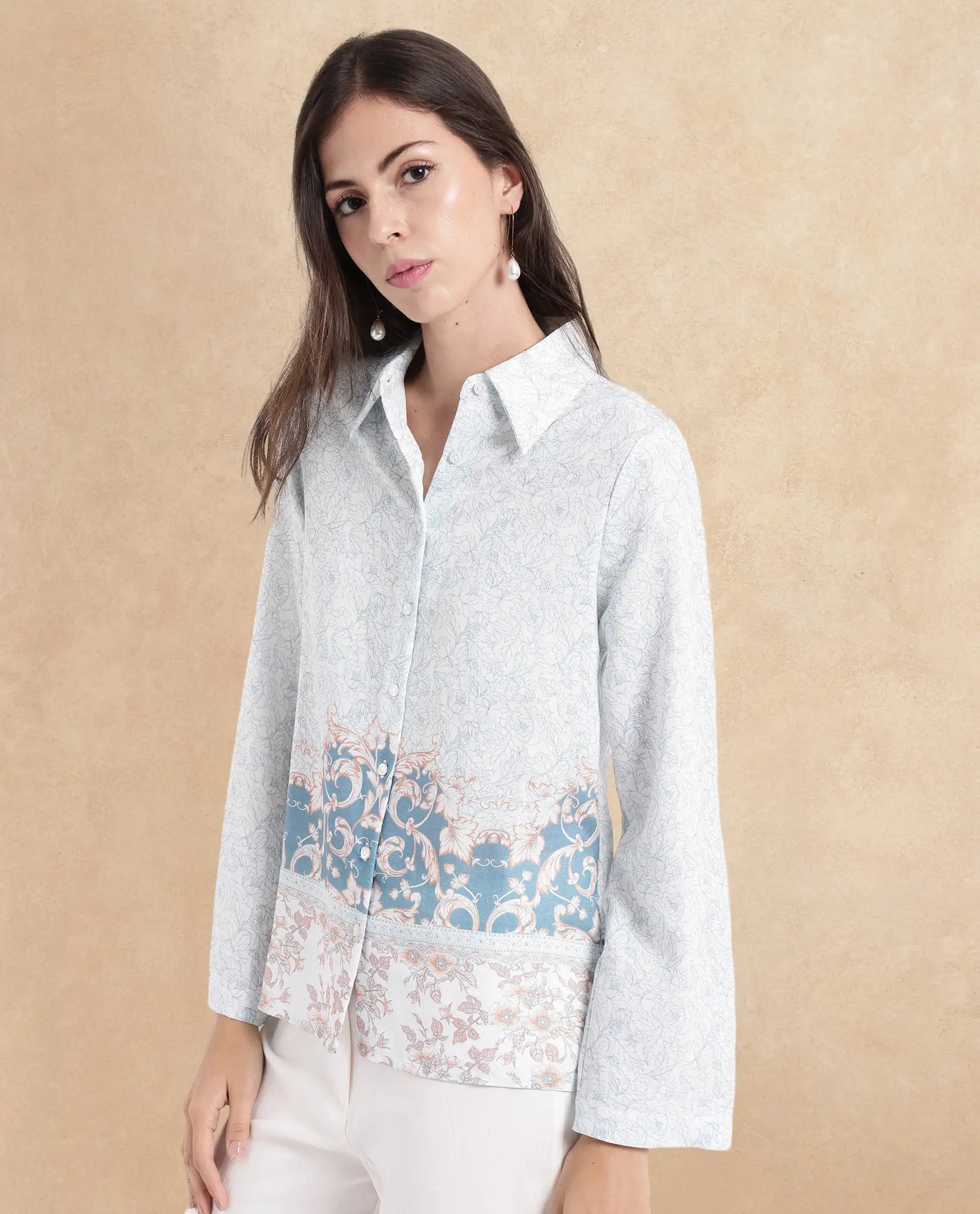 Rareism Women Sesent Light Multi Cuffed Sleeve Collared Neck  Abstract Print Top