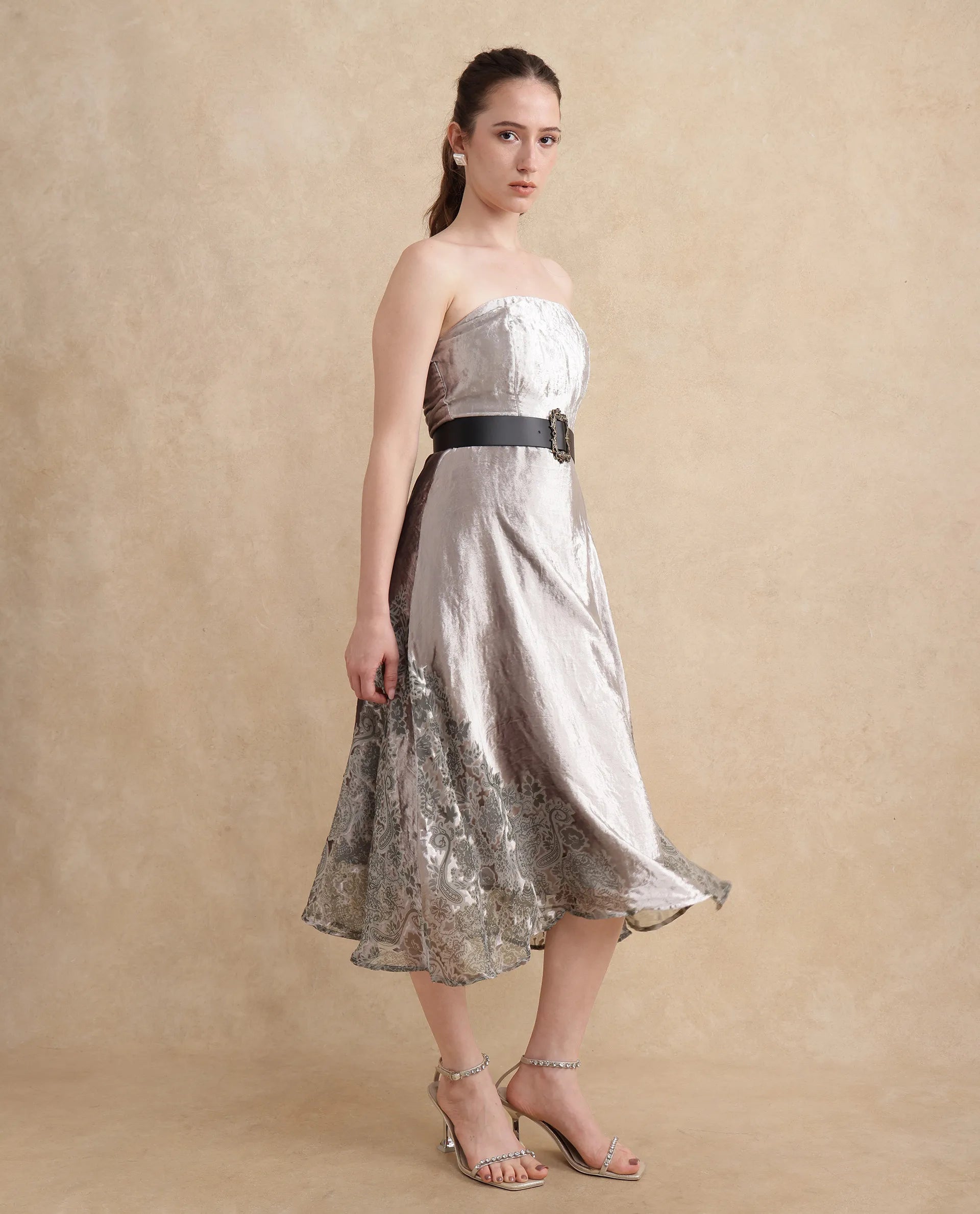 Rareism Women Seson Light Silver Tube Neck Zipper Closure Fit And Flare Midi Abstract Print Dress