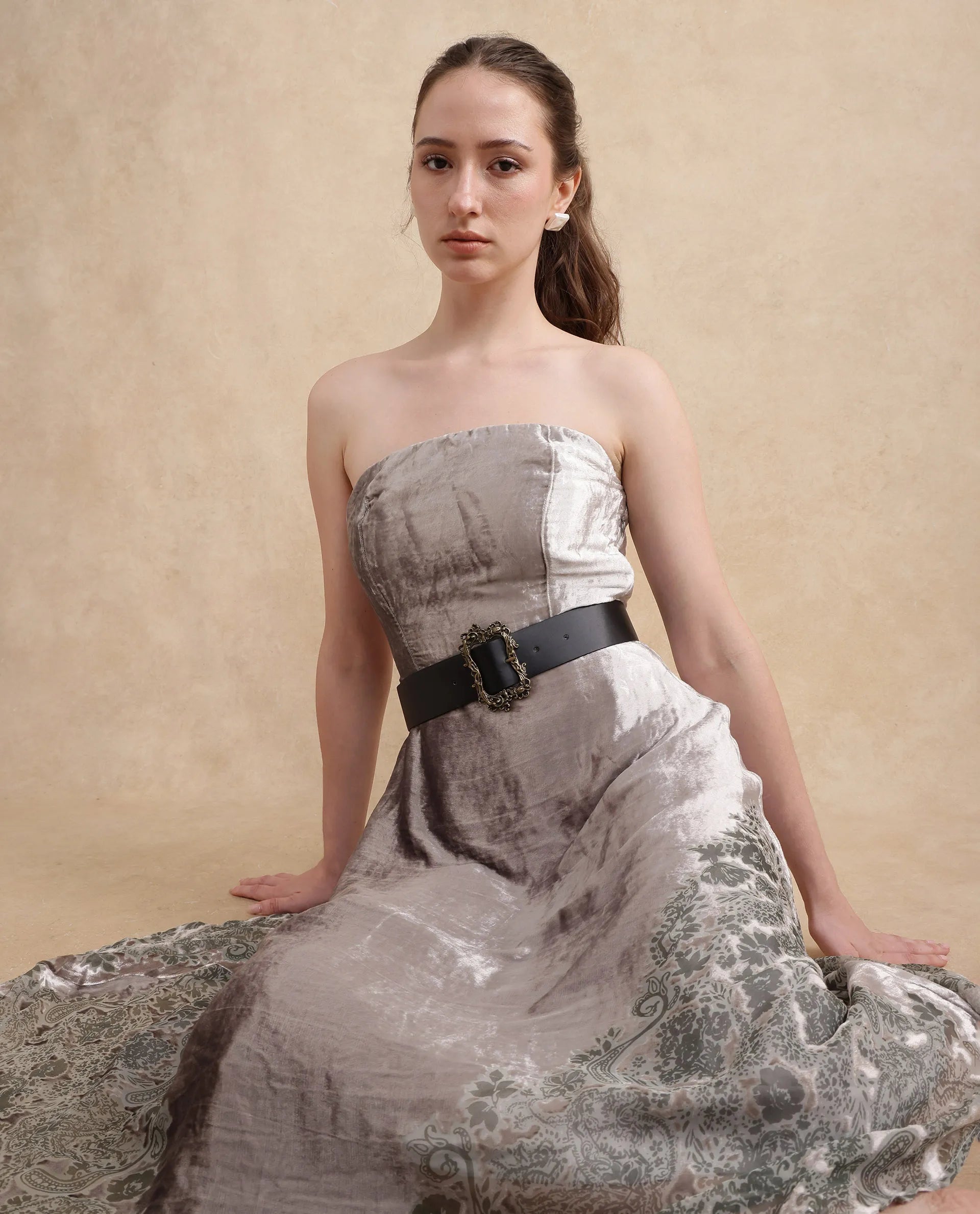 Rareism Women Seson Light Silver Tube Neck Zipper Closure Fit And Flare Midi Abstract Print Dress