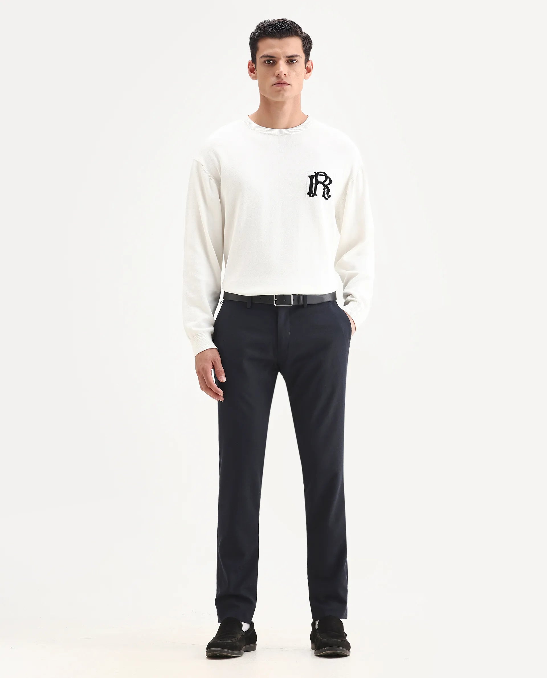 Rare Rabbit Men's Seth Navy Polyester Jacquard Regular Fit Trouser