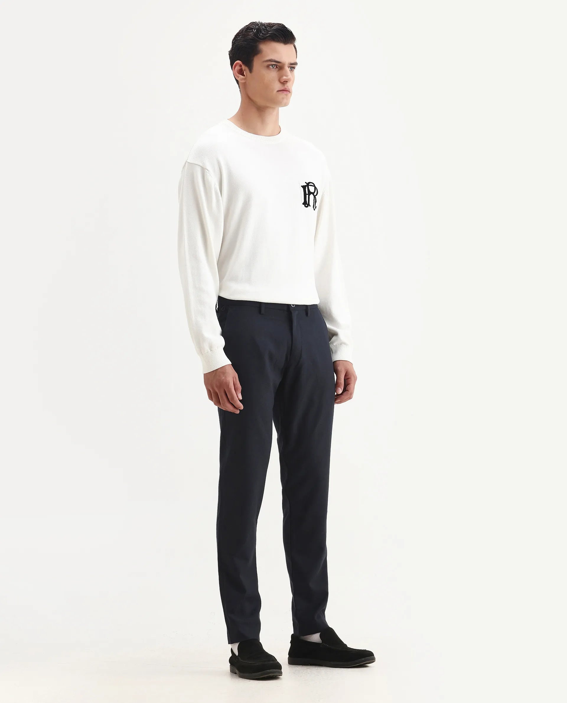 Rare Rabbit Men's Seth Navy Polyester Jacquard Regular Fit Trouser