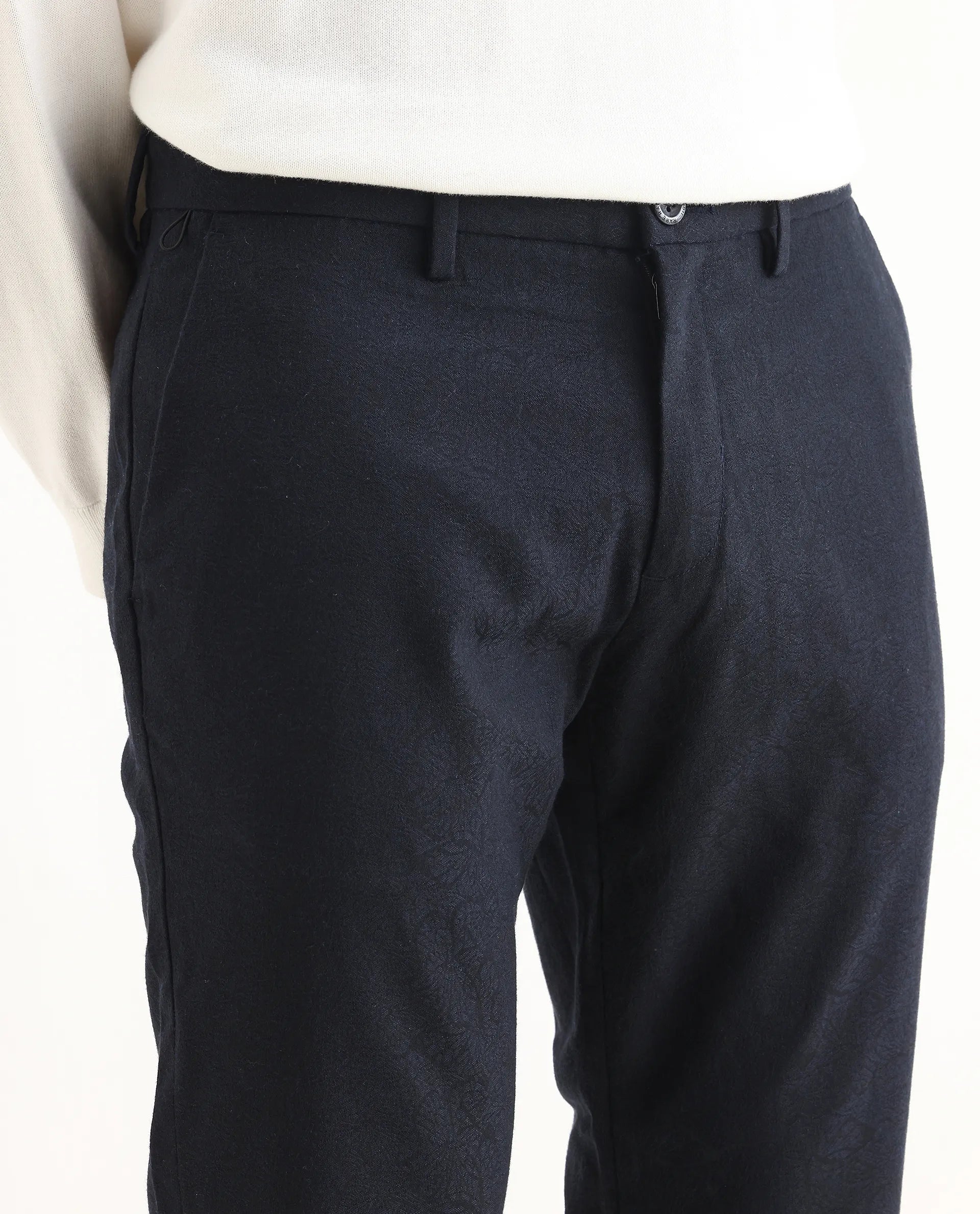 Rare Rabbit Men's Seth Navy Polyester Jacquard Regular Fit Trouser