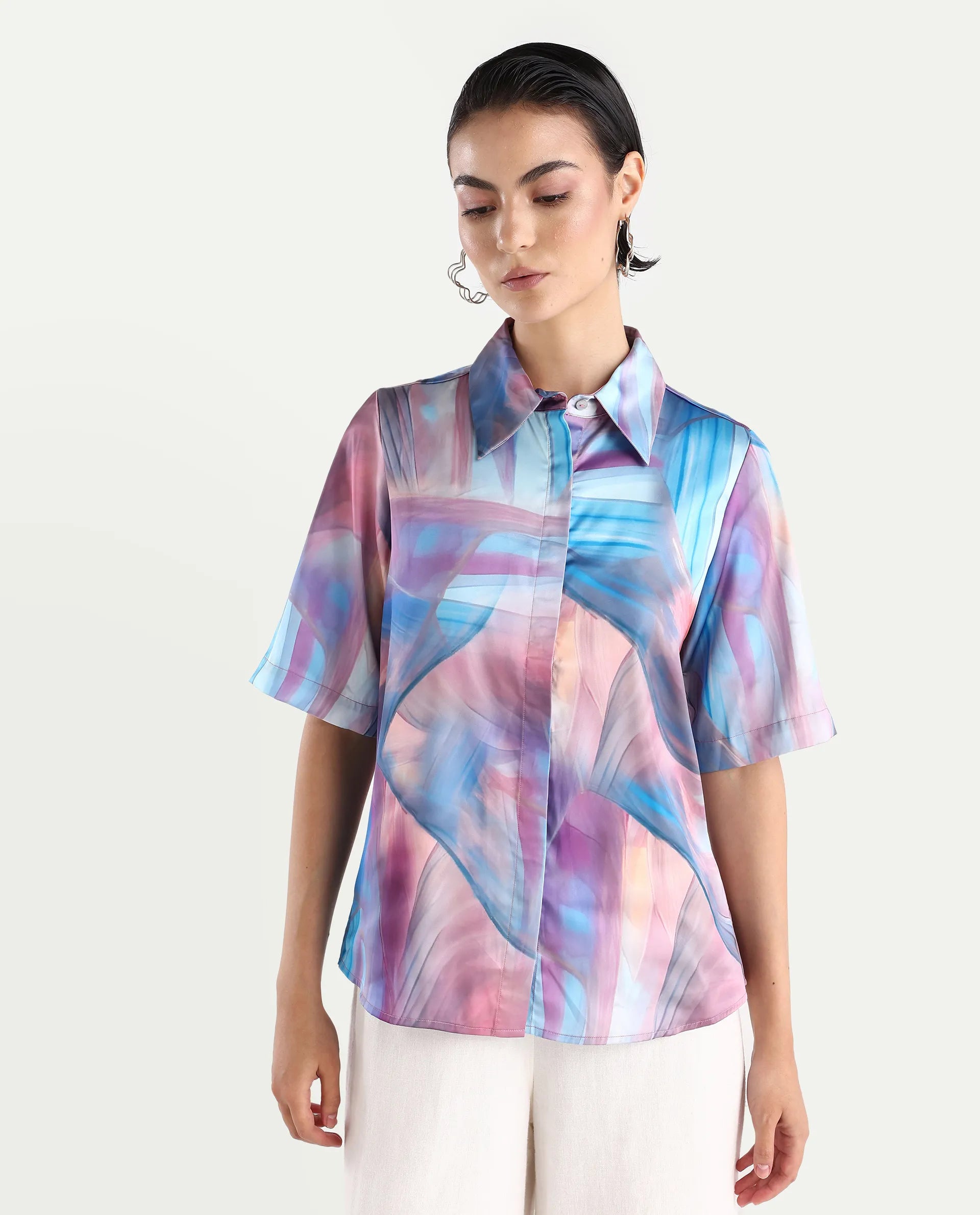 Rareism Women's Setimio Multi Satin Drop Collar Abstract Print Regular Fit Shirt