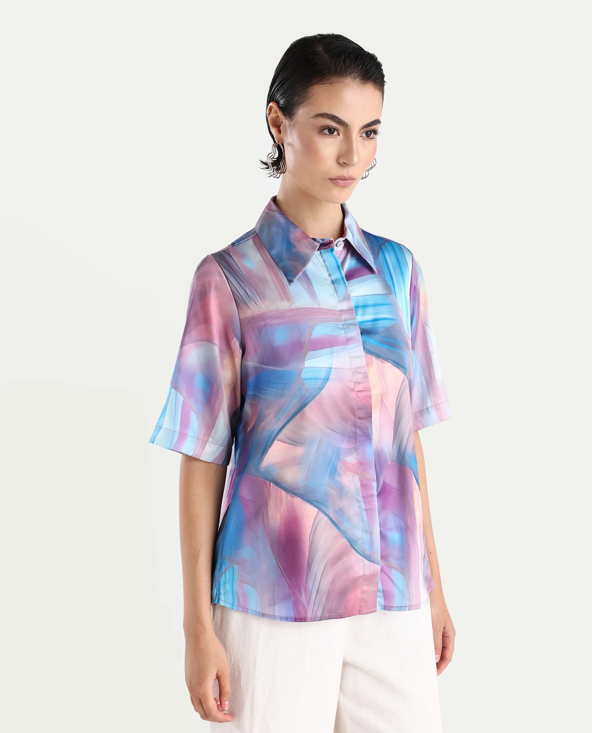 Rareism Women's Setimio Multi Satin Drop Collar Abstract Print Regular Fit Shirt