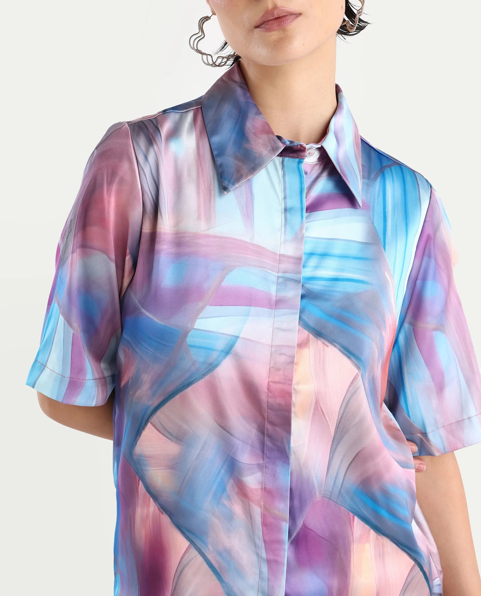 Rareism Women's Setimio Multi Satin Drop Collar Abstract Print Regular Fit Shirt