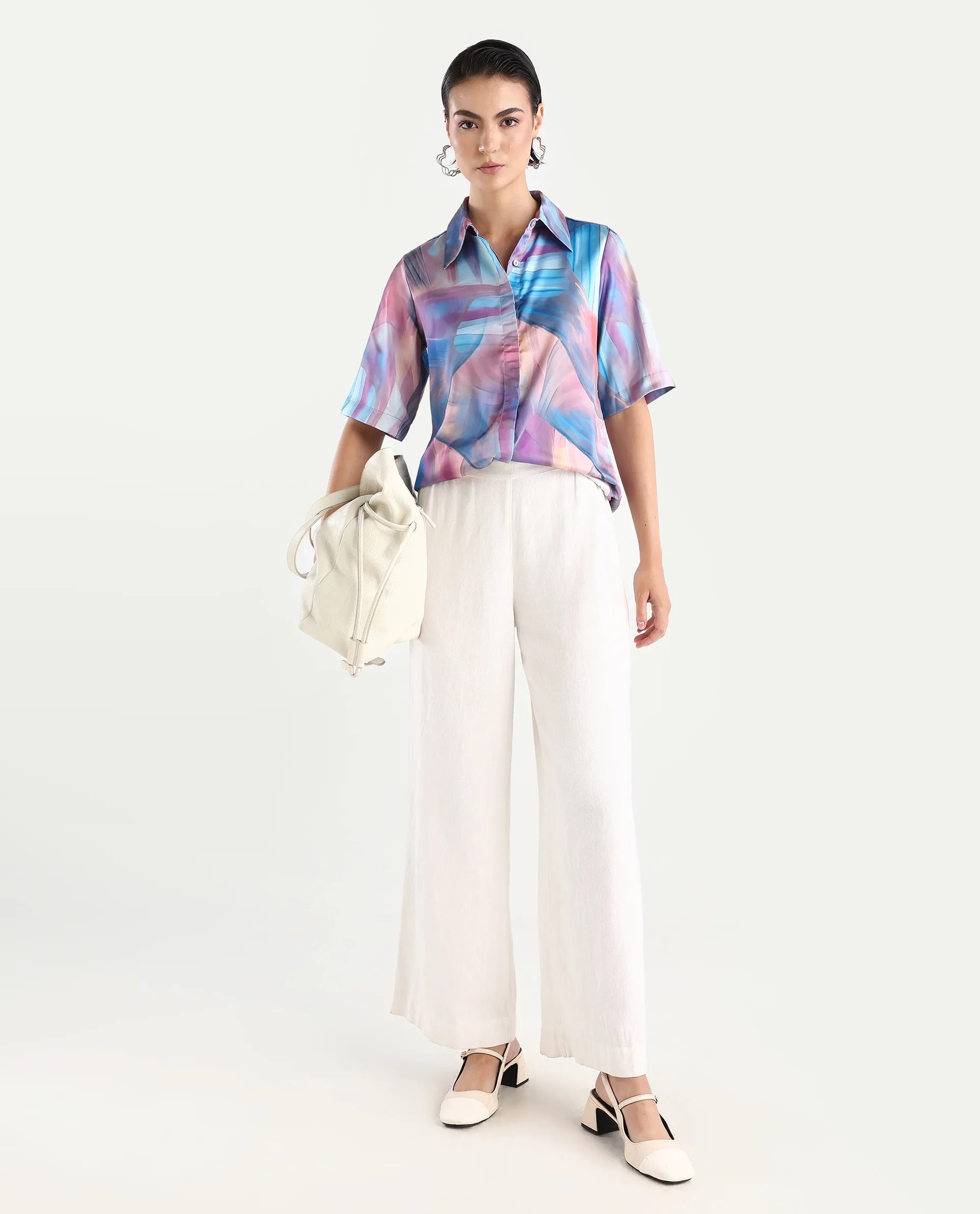 Rareism Women's Setimio Multi Satin Drop Collar Abstract Print Regular Fit Shirt