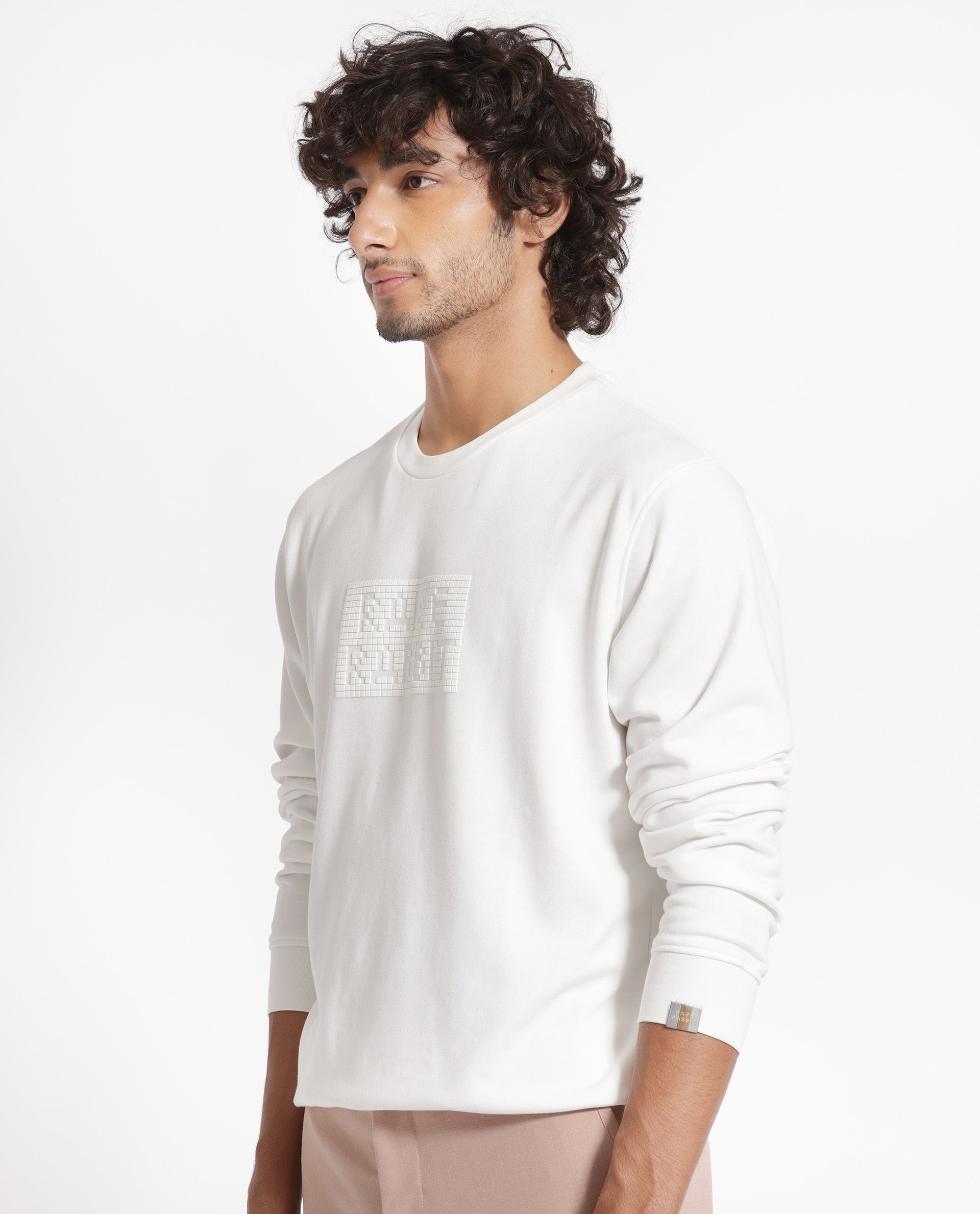 Rare Rabbit Men's Seven Off White Cotton Polyester Fabric Full Sleeves Graphic Lego Print Knitted Sweatshirt