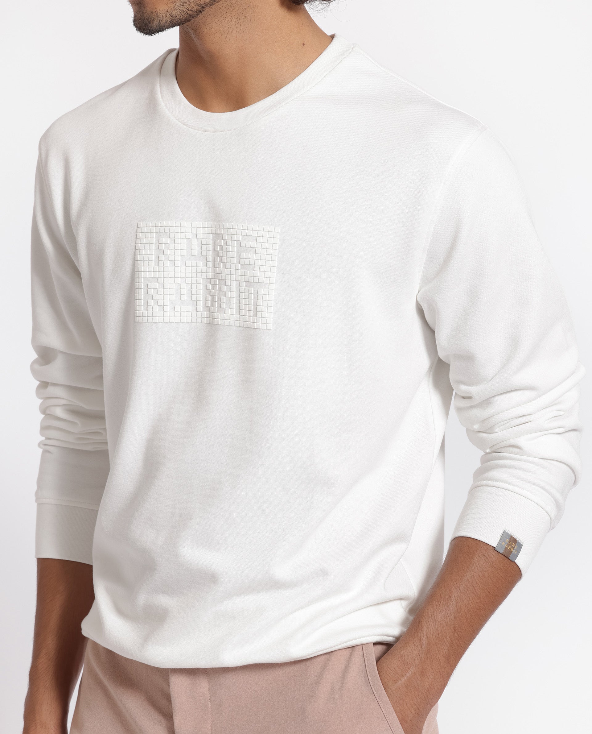 Rare Rabbit Men's Seven Off White Cotton Polyester Fabric Full Sleeves Graphic Lego Print Knitted Sweatshirt