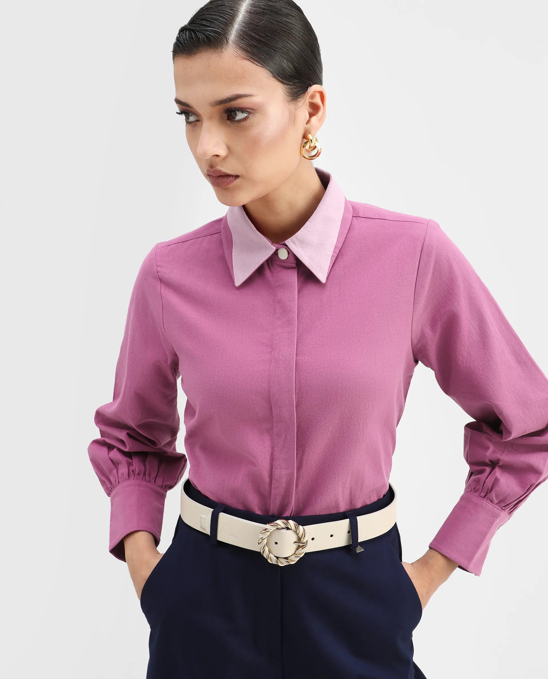 Rareism Women's Severo Pink Cotton Drop Collar Plain Cuffed Sleeve Regular Fit Top