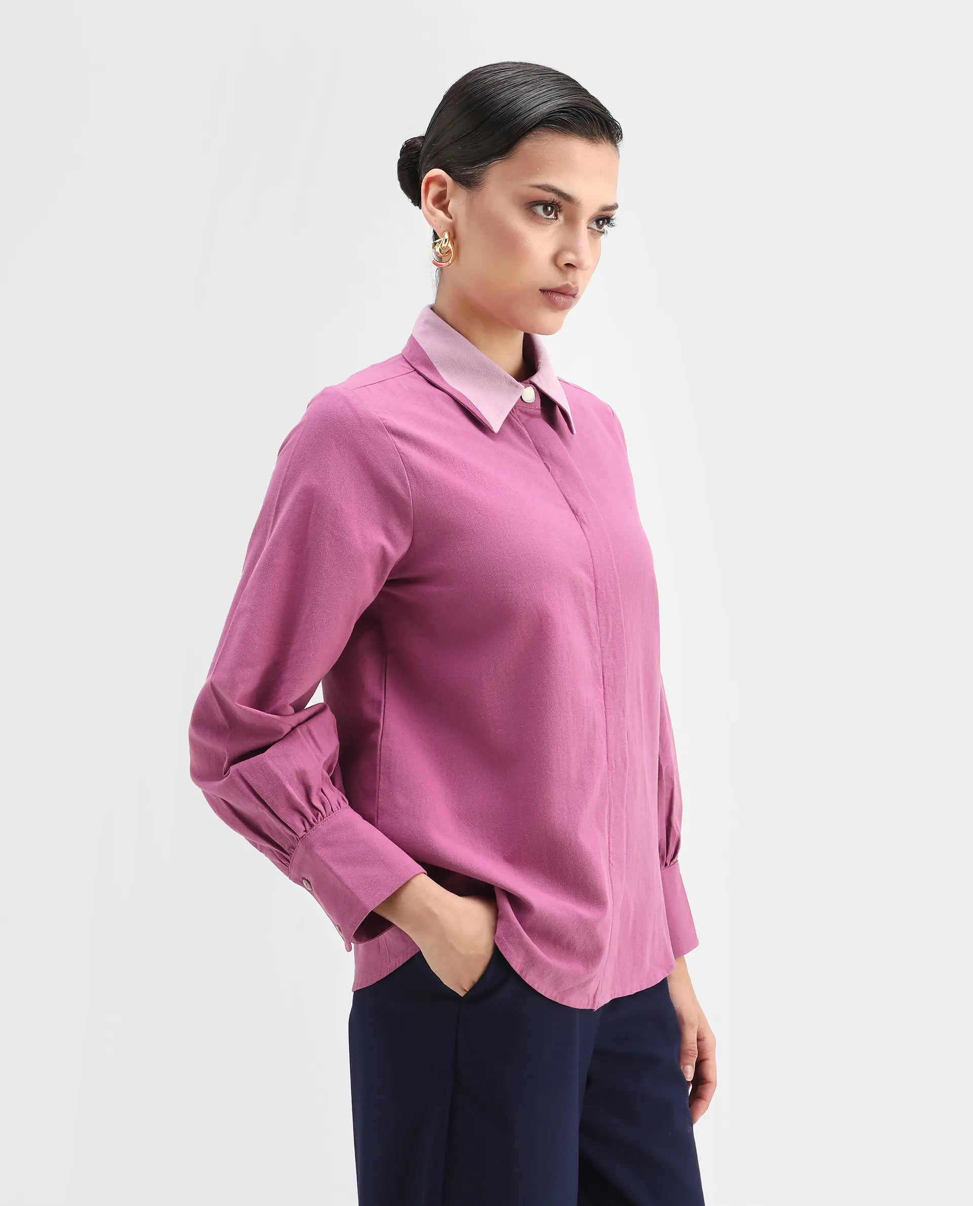Rareism Women's Severo Pink Cotton Drop Collar Plain Cuffed Sleeve Regular Fit Top