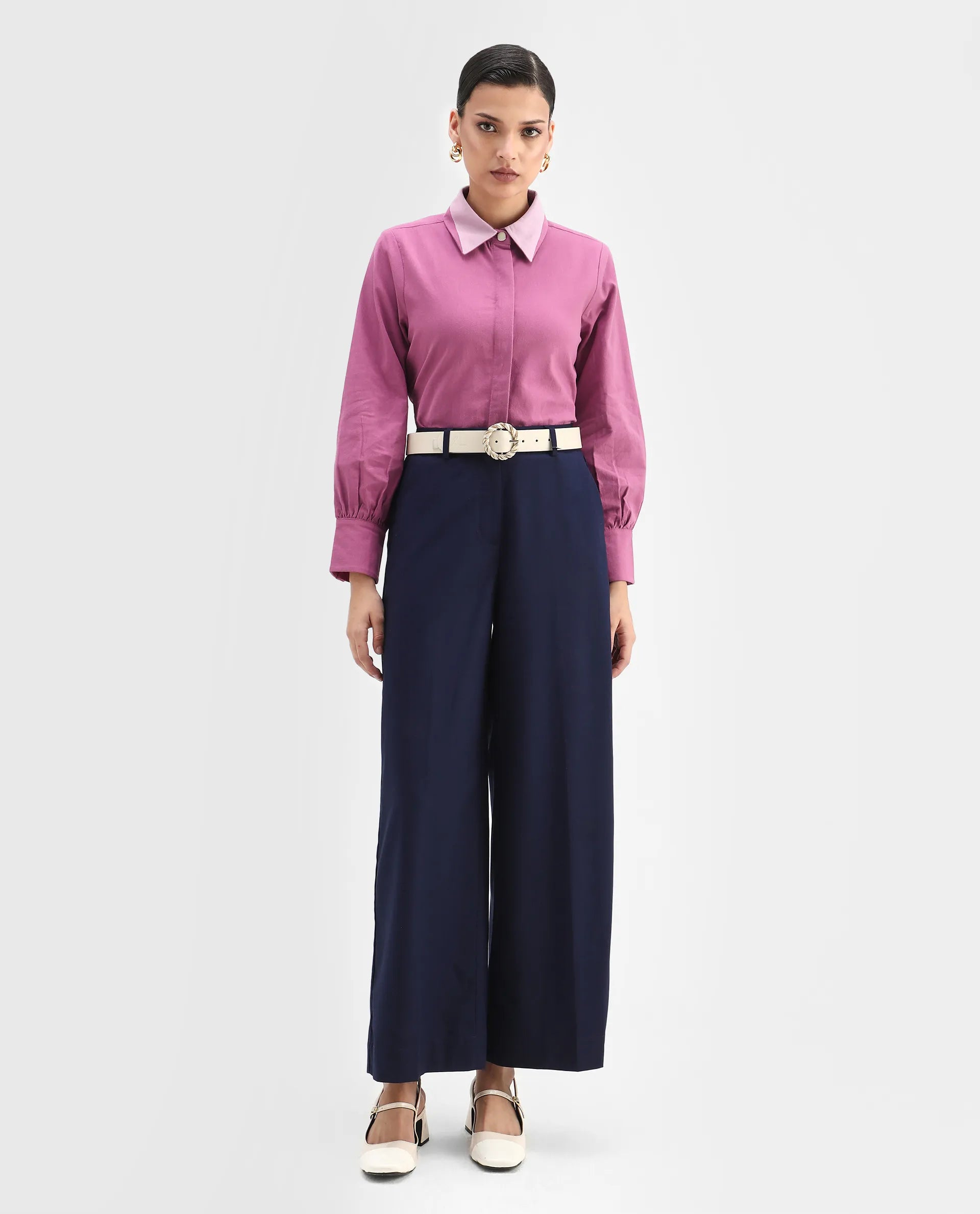 Rareism Women's Severo Pink Cotton Drop Collar Plain Cuffed Sleeve Regular Fit Top