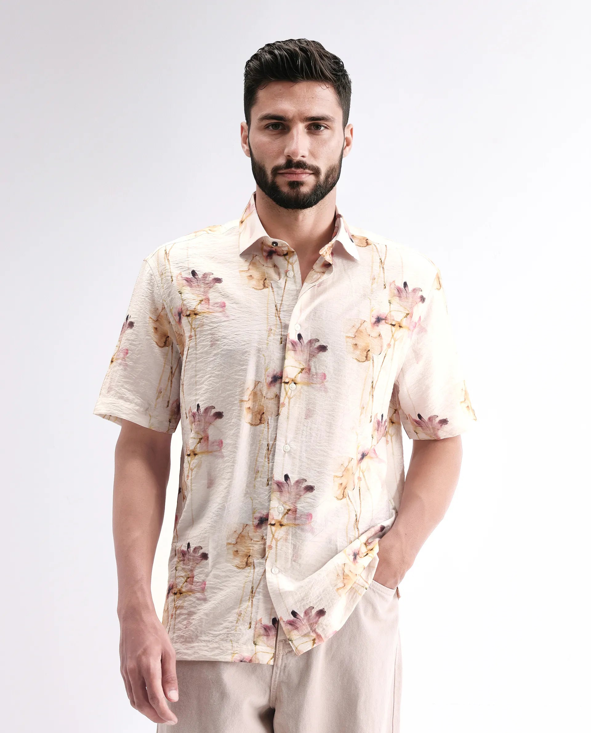 Rare Rabbit Men's Sha Beige Viscose Blend Abstract Print Relaxed Fit Half Sleeve Collared Shirt