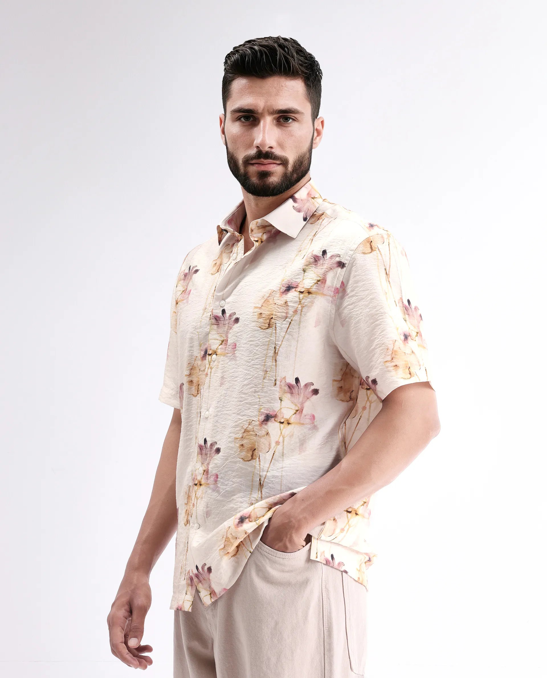 Rare Rabbit Men's Sha Beige Viscose Blend Abstract Print Relaxed Fit Half Sleeve Collared Shirt