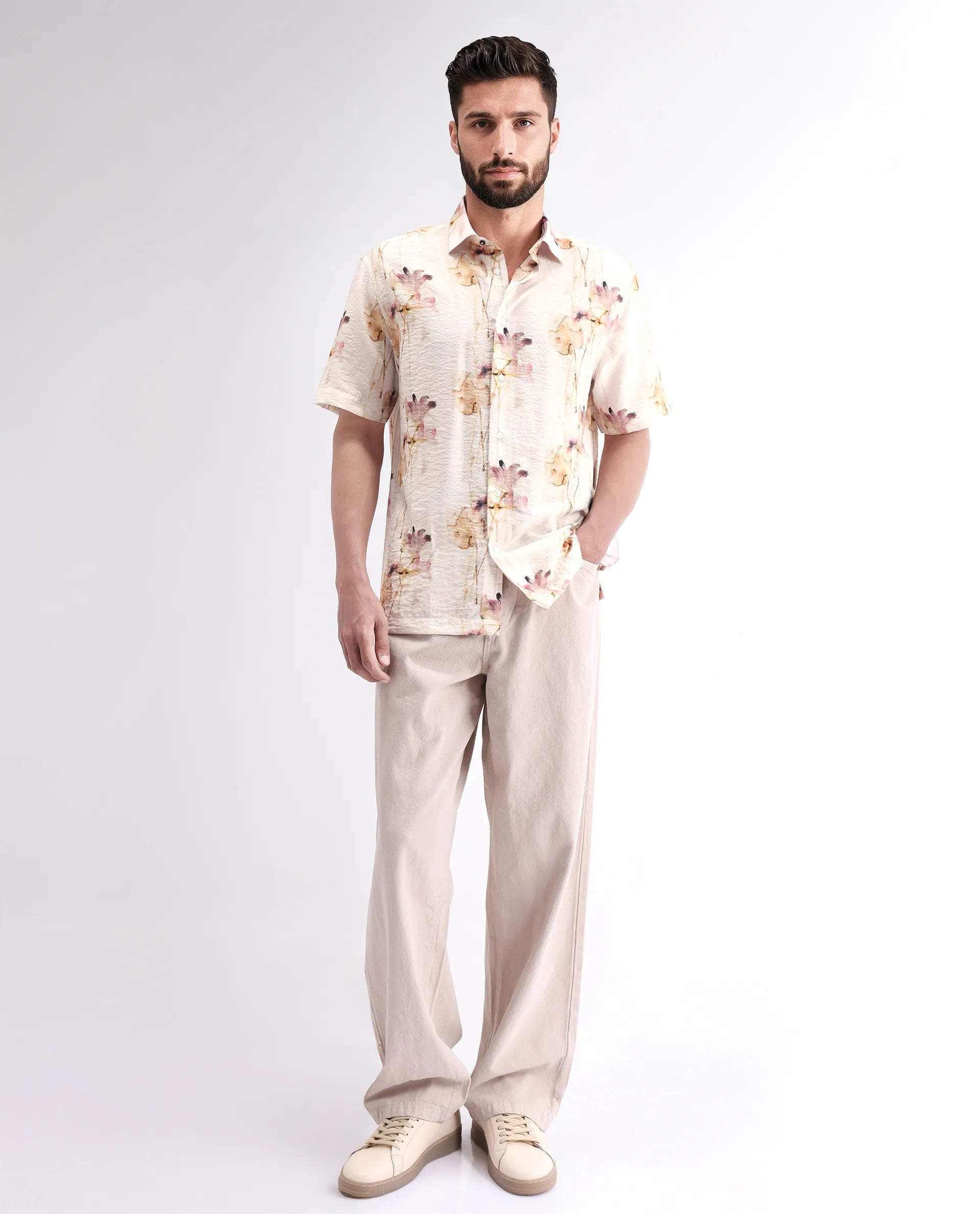 Rare Rabbit Men's Sha Beige Viscose Blend Abstract Print Relaxed Fit Half Sleeve Collared Shirt