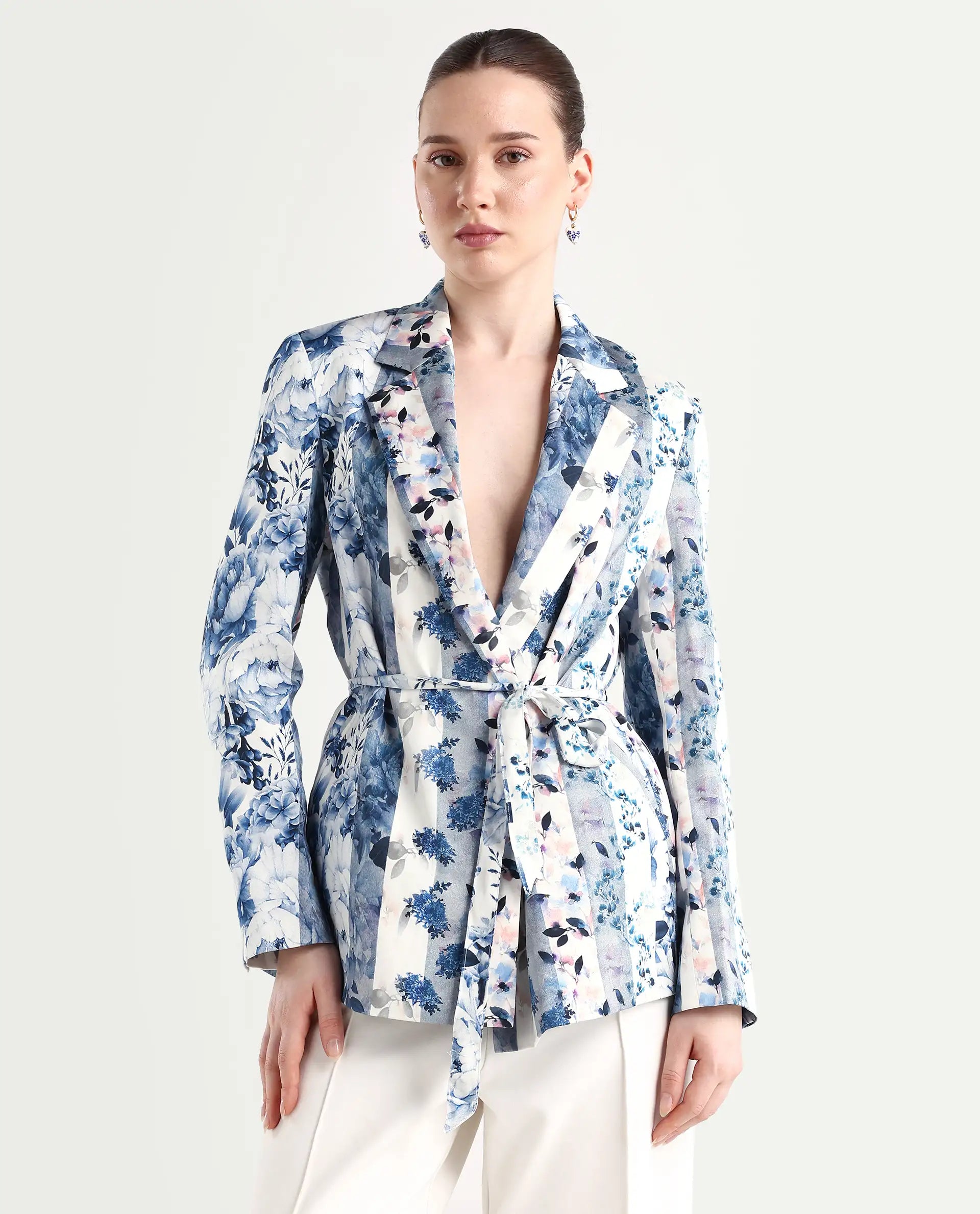 Rareism Women's Shabella Blue Polyester Lapel Neck Floral Print Tailored Blazer