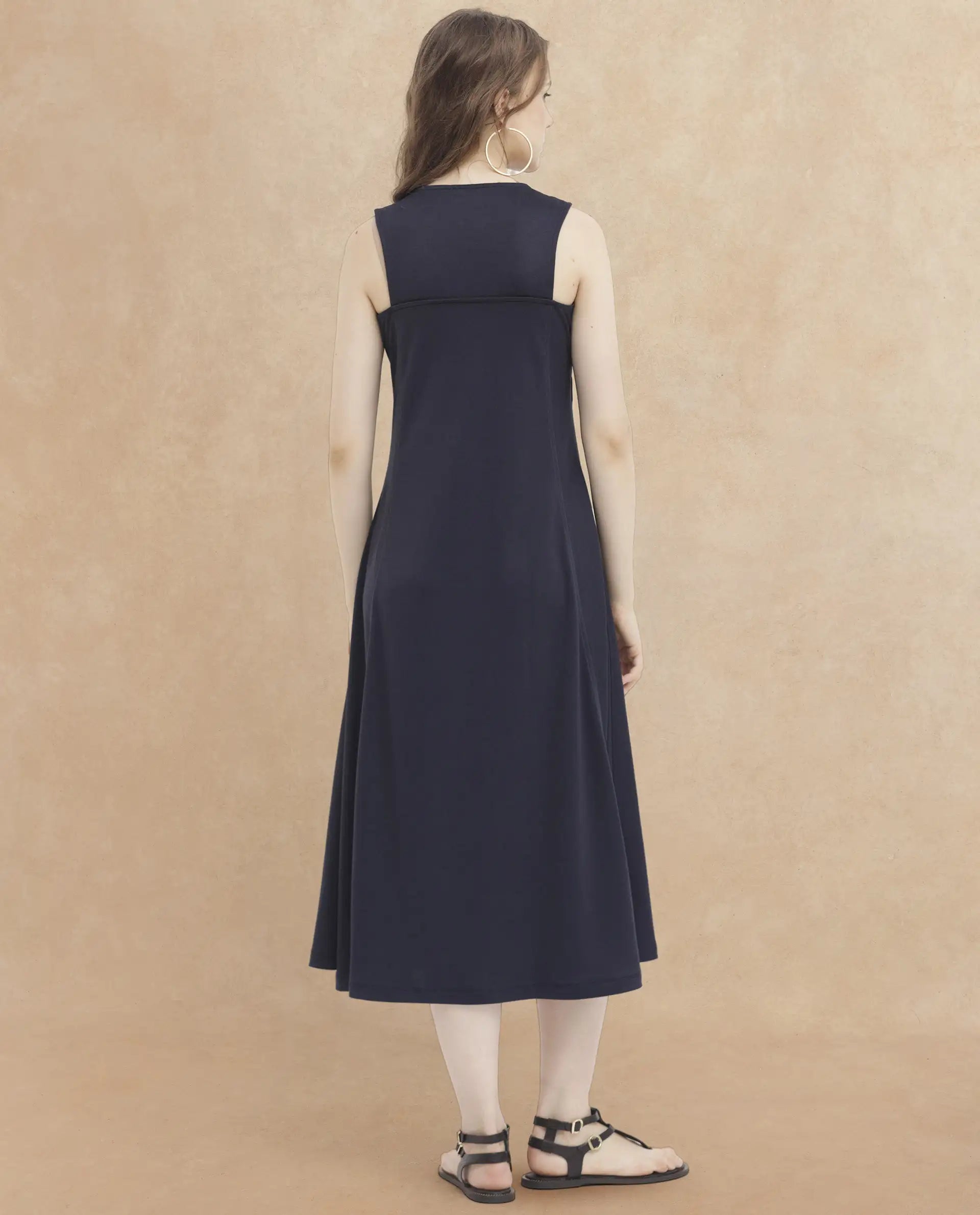 Rareism Women's Shoko Dark Blue Polyester Crew Neck Plain Sleeveless Midi A-Line Dress