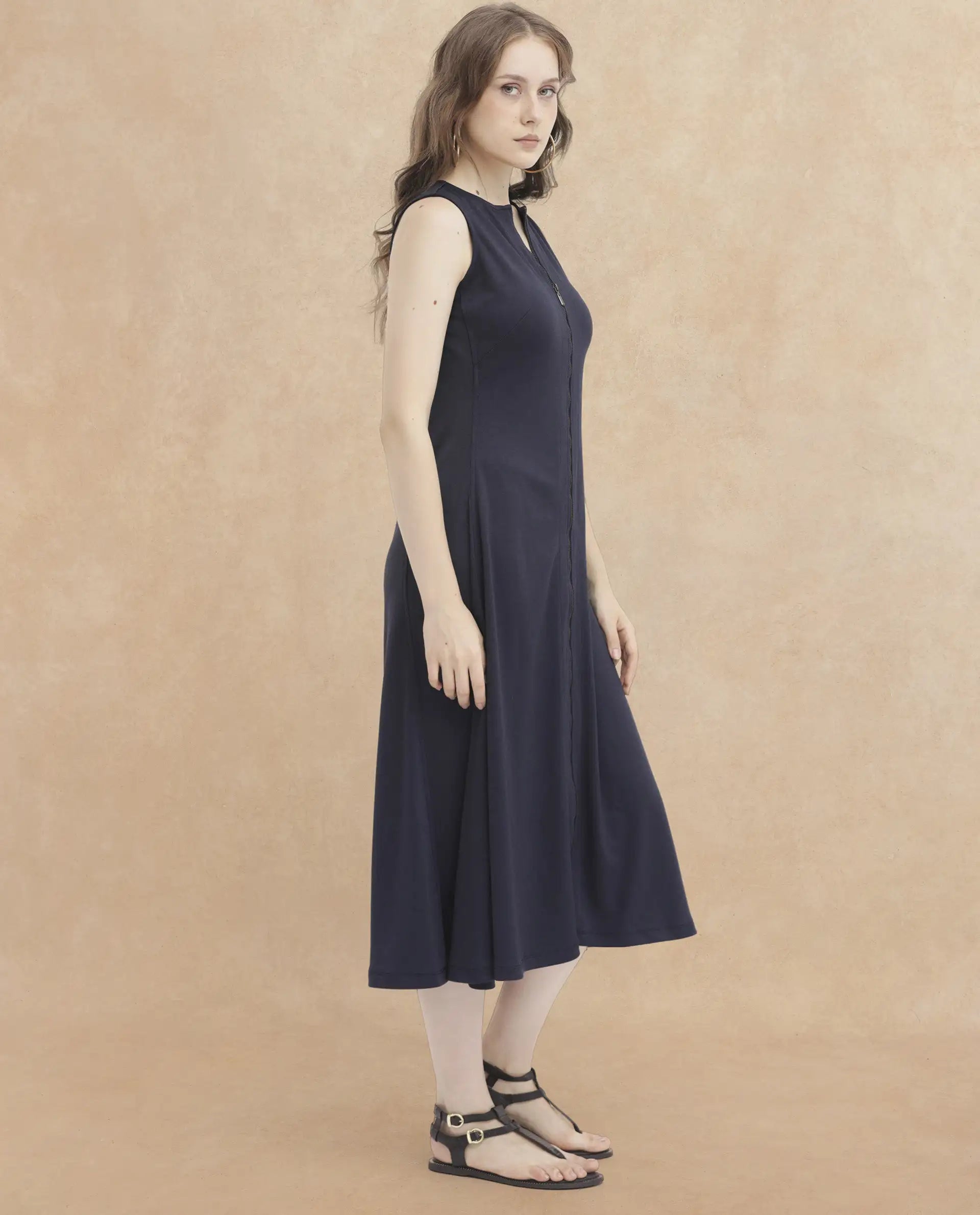 Rareism Women's Shoko Dark Blue Polyester Crew Neck Plain Sleeveless Midi A-Line Dress