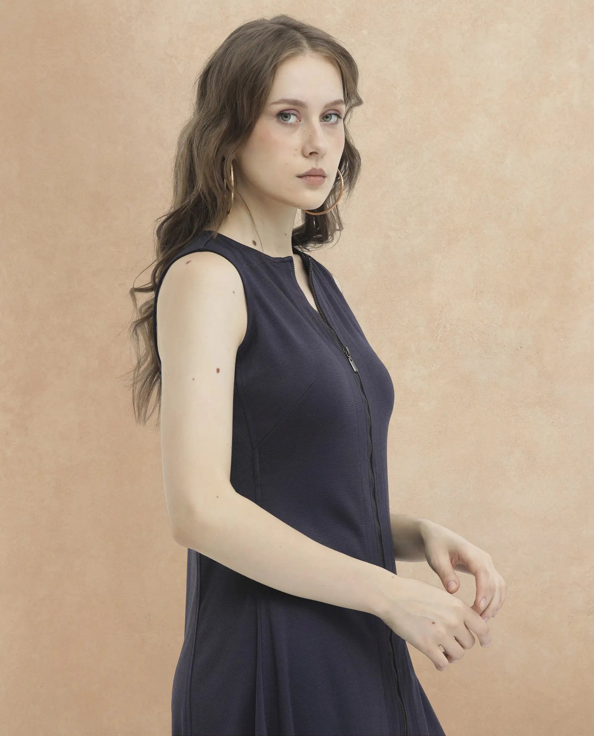 Rareism Women's Shoko Dark Blue Polyester Crew Neck Plain Sleeveless Midi A-Line Dress