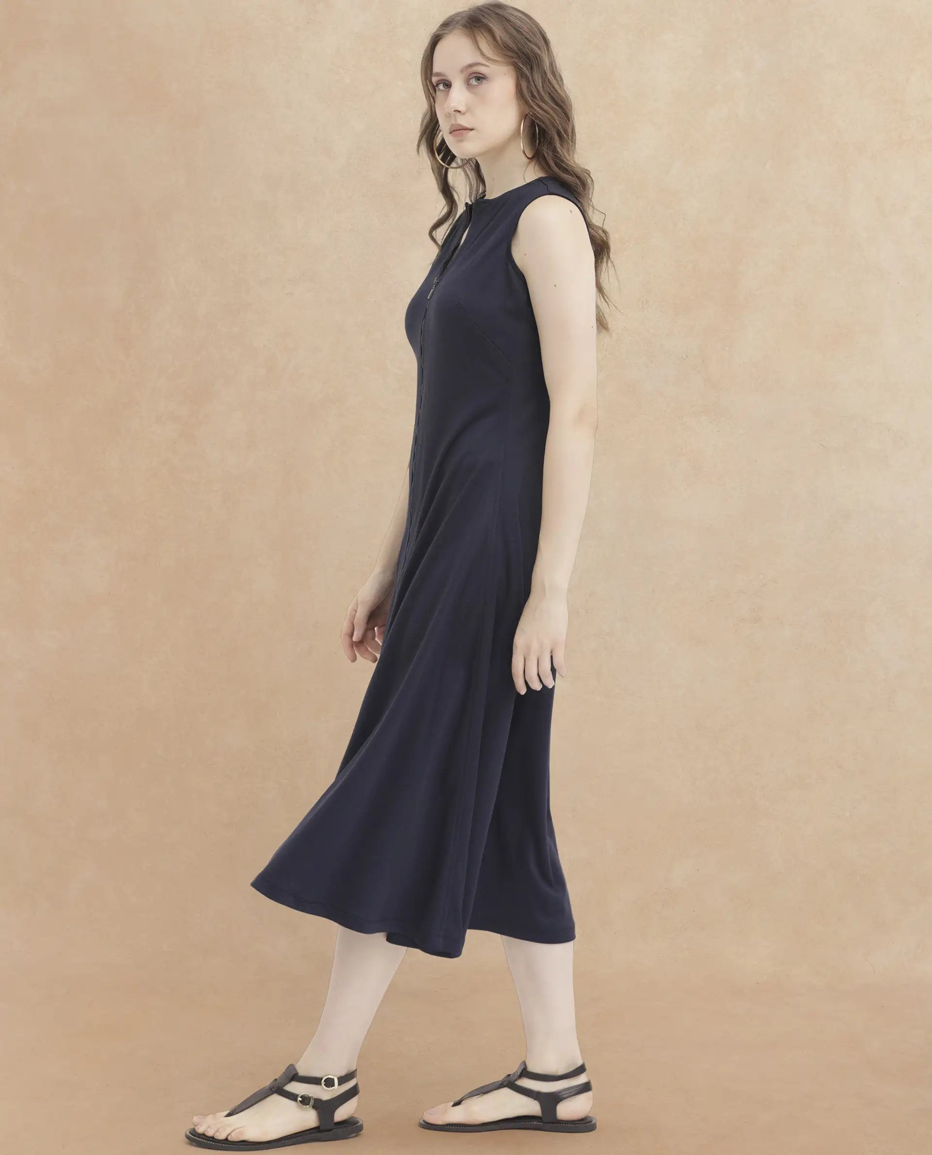 Rareism Women's Shoko Dark Blue Polyester Crew Neck Plain Sleeveless Midi A-Line Dress