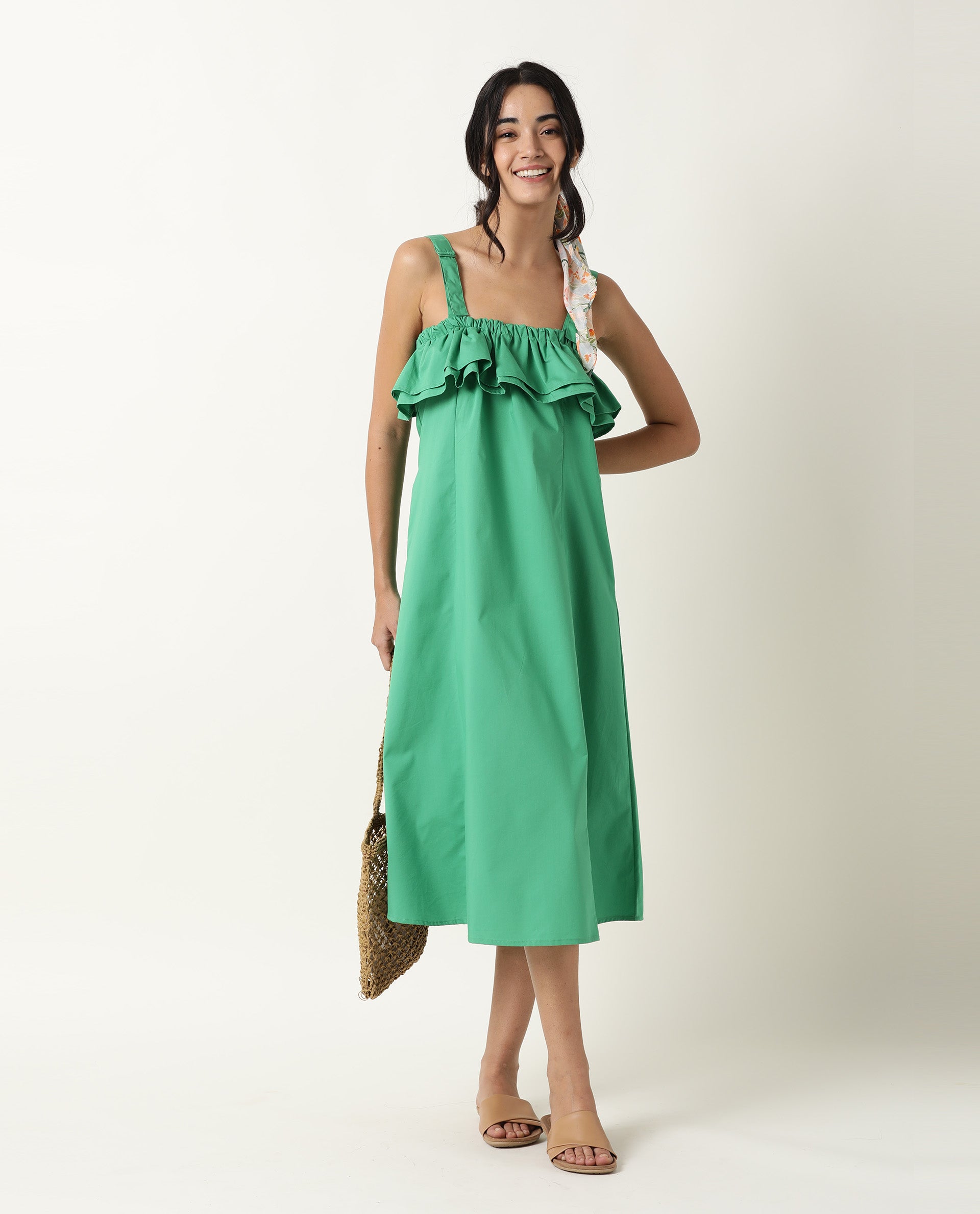 Rareism Women Shallow Green Broad Shoulder Straps Ruffled Square Neck With Pockets Midi Dress