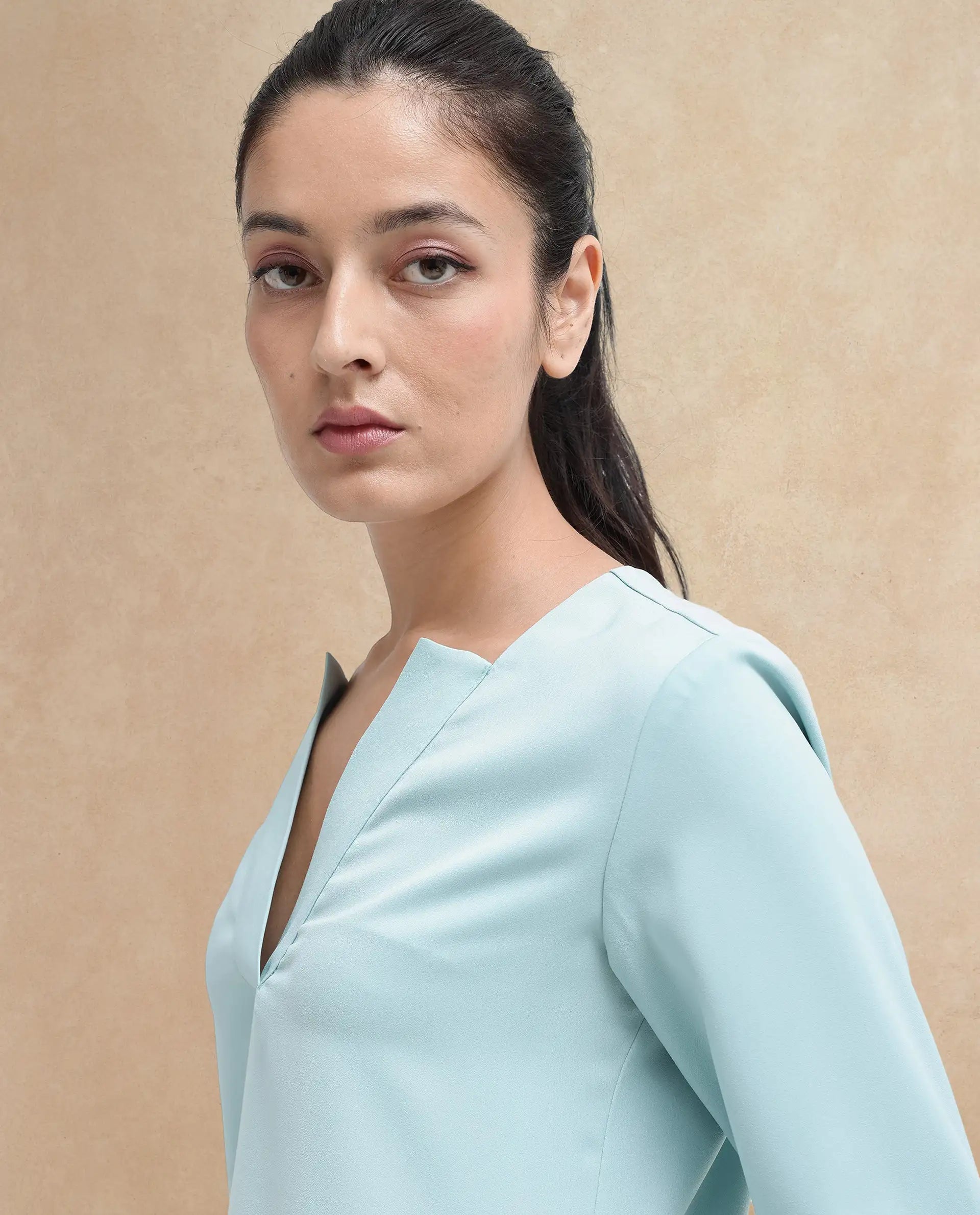 Rareism Women's Shami Light Blue Polyester V-Neck Plain Cuffed Sleeve Regular Fit Top