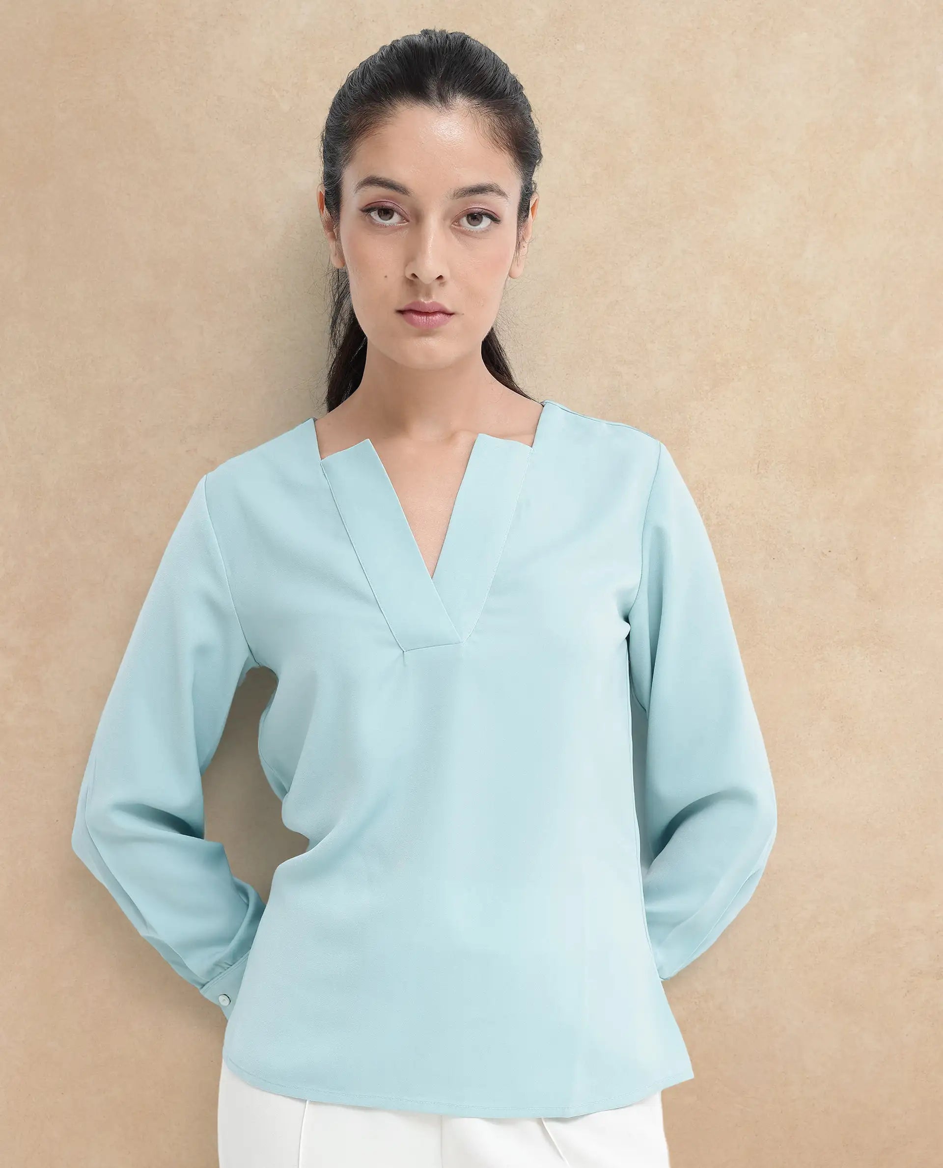 Rareism Women's Shami Light Blue Polyester V-Neck Plain Cuffed Sleeve Regular Fit Top