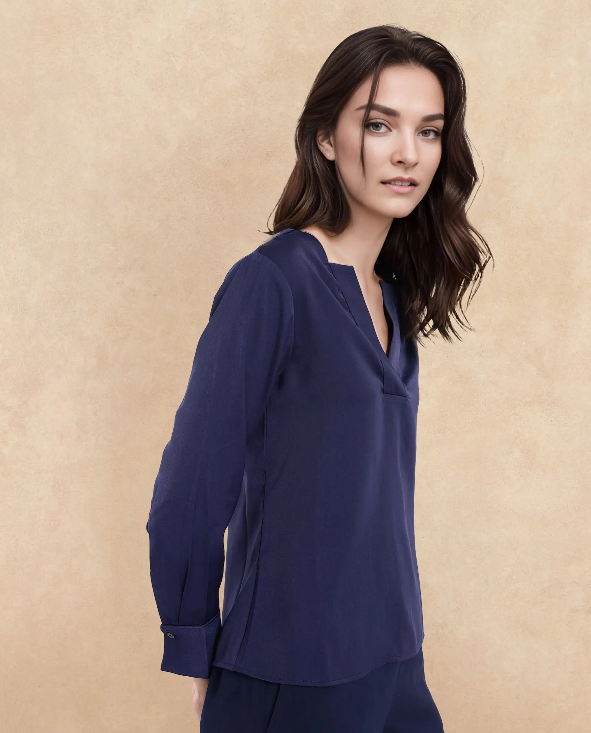 Rareism Women's Shami Navy Polyester V-Neck Plain Cuffed Sleeve Regular Fit Top