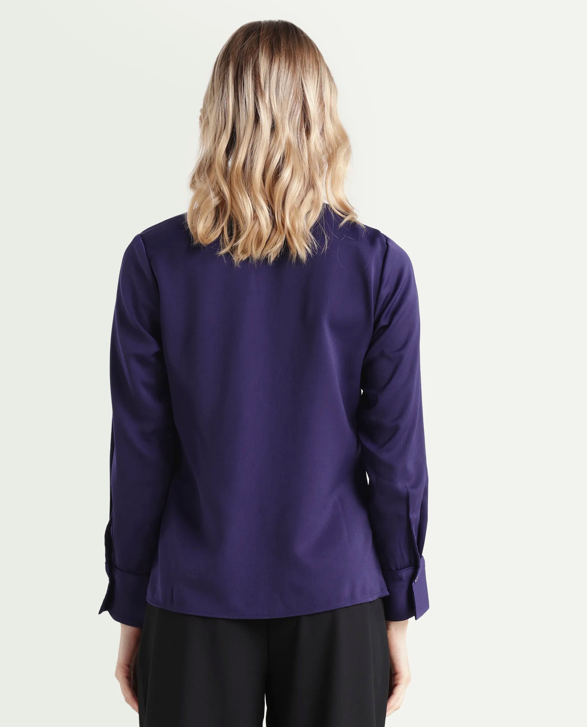 Rareism Women's Shami Navy Polyester V-Neck Plain Cuffed Sleeve Regular Fit Top