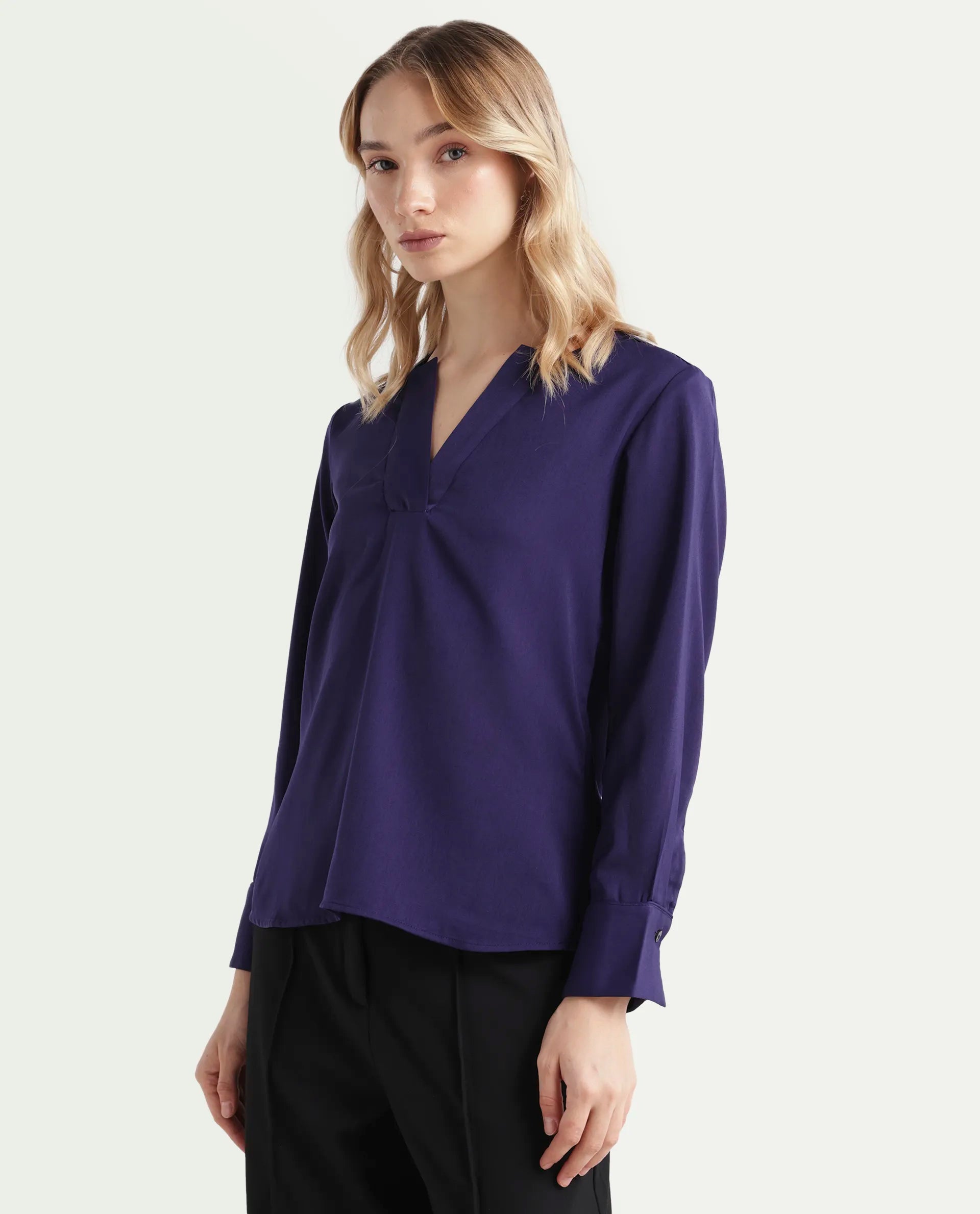 Rareism Women's Shami Navy Polyester V-Neck Plain Cuffed Sleeve Regular Fit Top