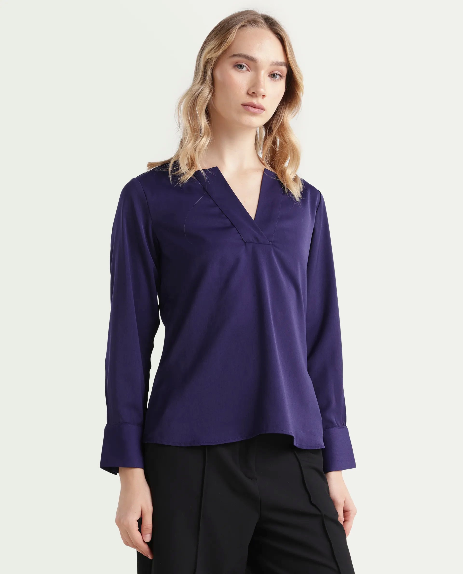 Rareism Women's Shami Navy Polyester V-Neck Plain Cuffed Sleeve Regular Fit Top