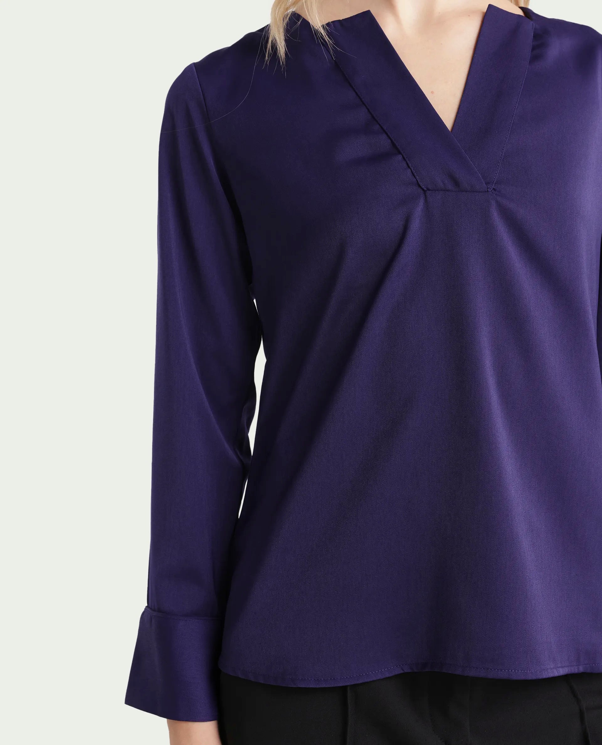 Rareism Women's Shami Navy Polyester V-Neck Plain Cuffed Sleeve Regular Fit Top