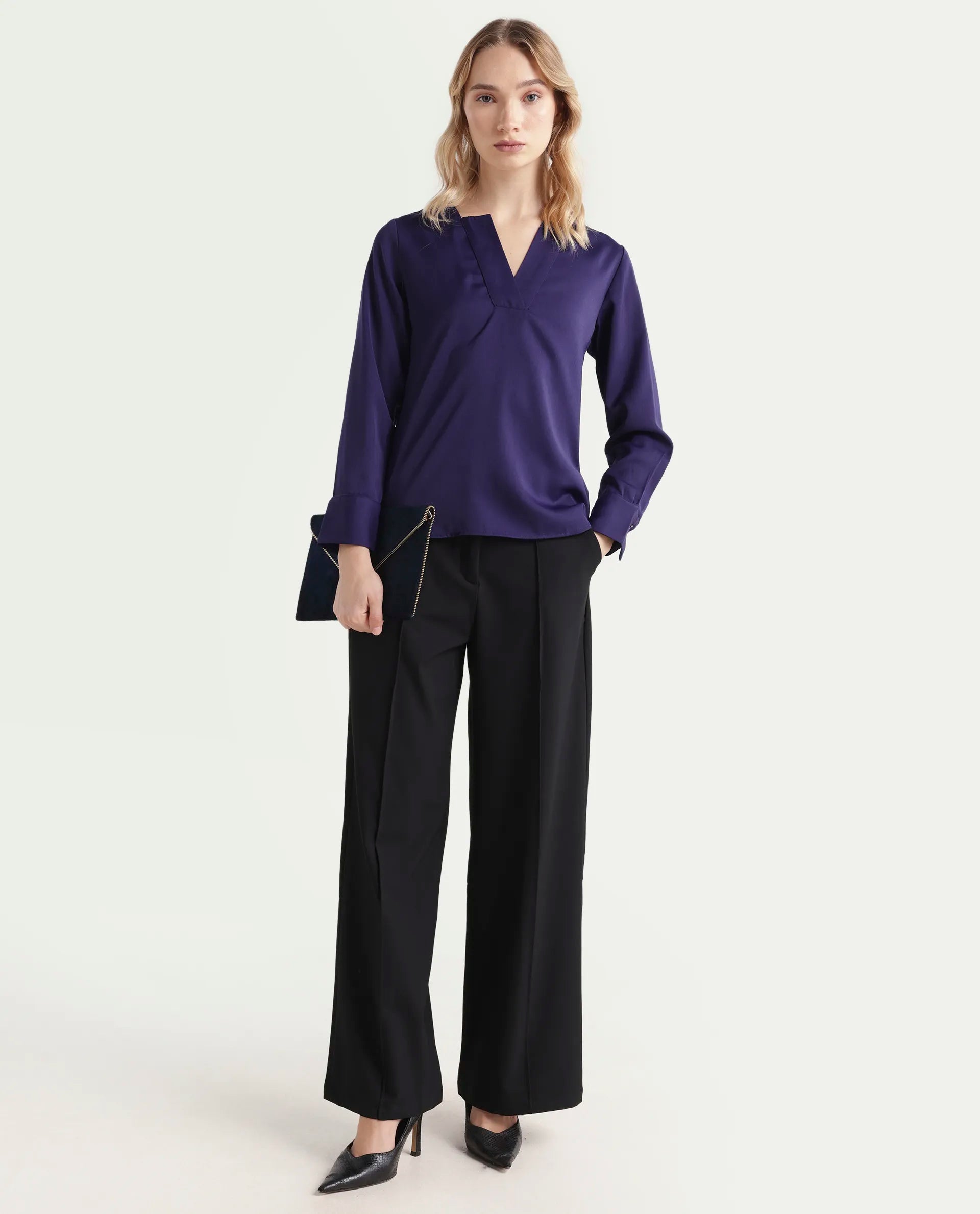 Rareism Women's Shami Navy Polyester V-Neck Plain Cuffed Sleeve Regular Fit Top