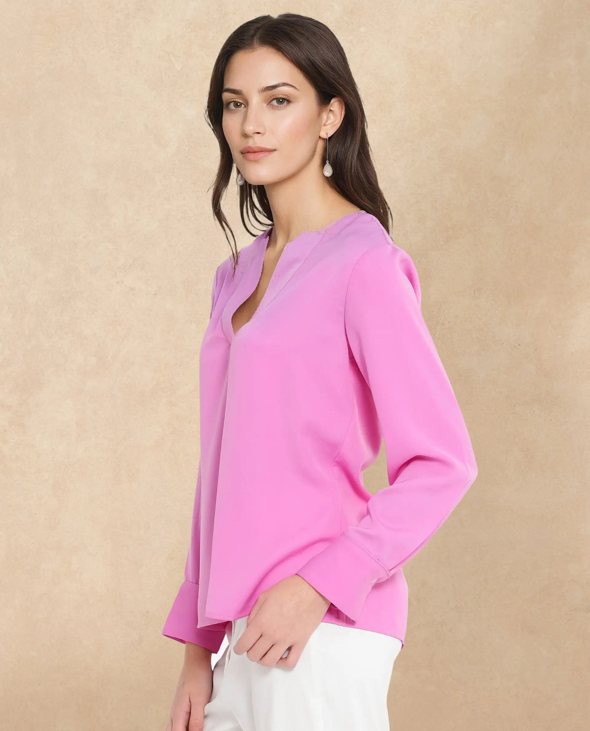 Rareism Women Shami Pink Cuffed Sleeve V-Neck Plain Top