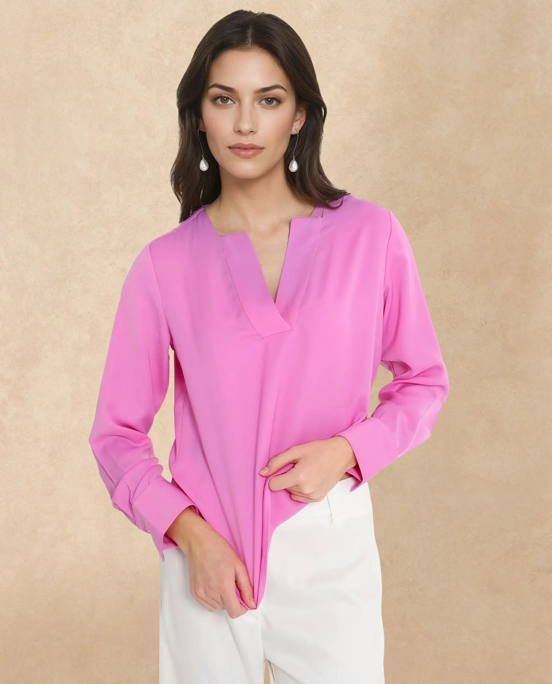 Rareism Women Shami Pink Cuffed Sleeve V-Neck Plain Top