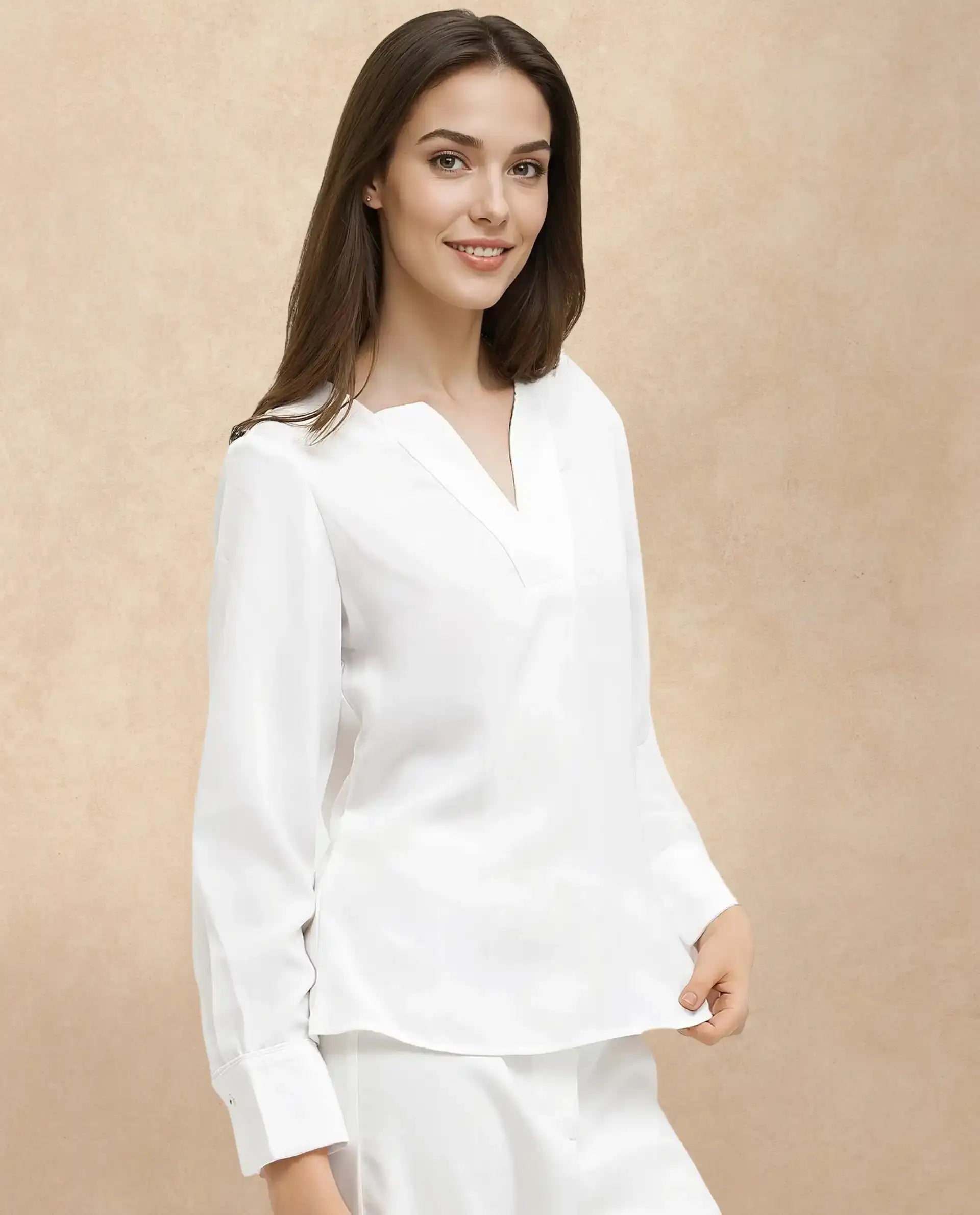 Rareism Women Shamon White Polyester V-Neck Cuffed Sleeve Top