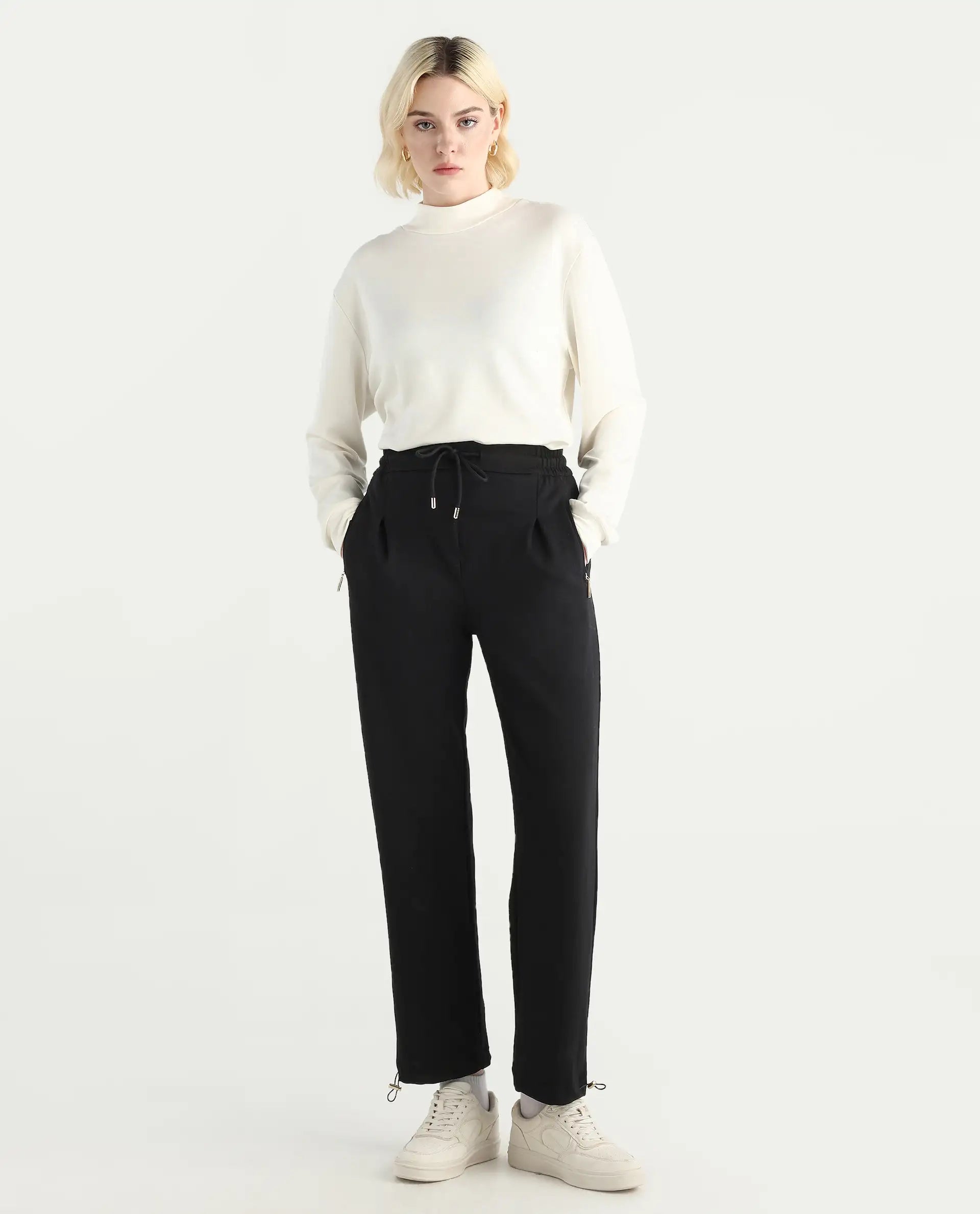 Rareism Women's Shane Black Modal Blend Straight Fit Track Pant