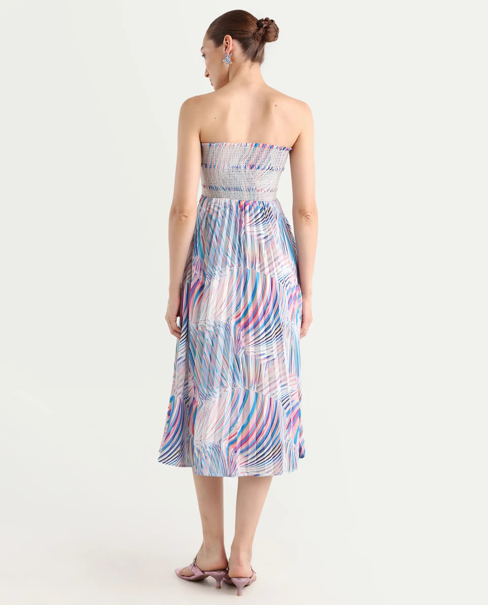 Rareism Women's Shanks Multi Polyester Blend Shoulder Strap Abstract Print Sleeveless Midi Fit And Flare Dress