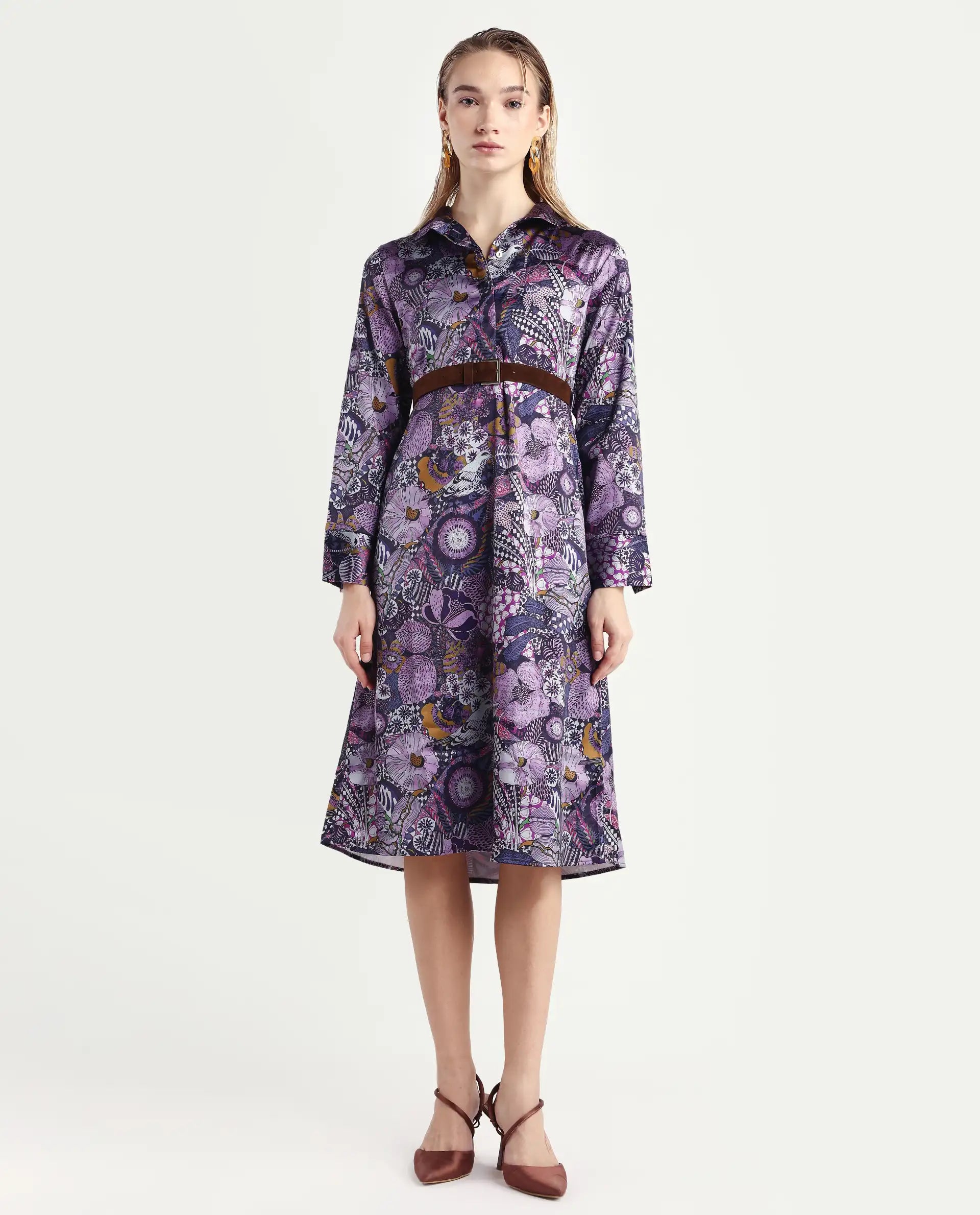 Rareism Women's Shapat Multi Satin High Neck Abstract Print Midi A-Line Dress