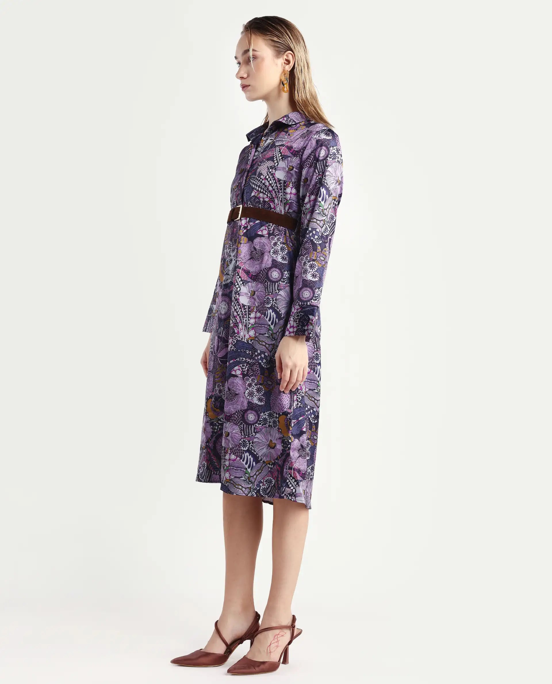 Rareism Women's Shapat Multi Satin High Neck Abstract Print Midi A-Line Dress