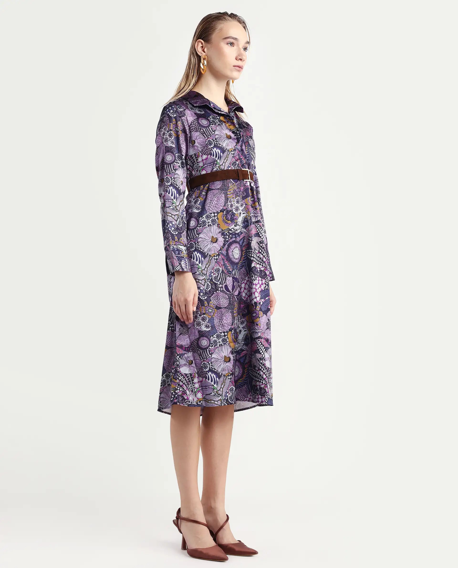 Rareism Women's Shapat Multi Satin High Neck Abstract Print Midi A-Line Dress