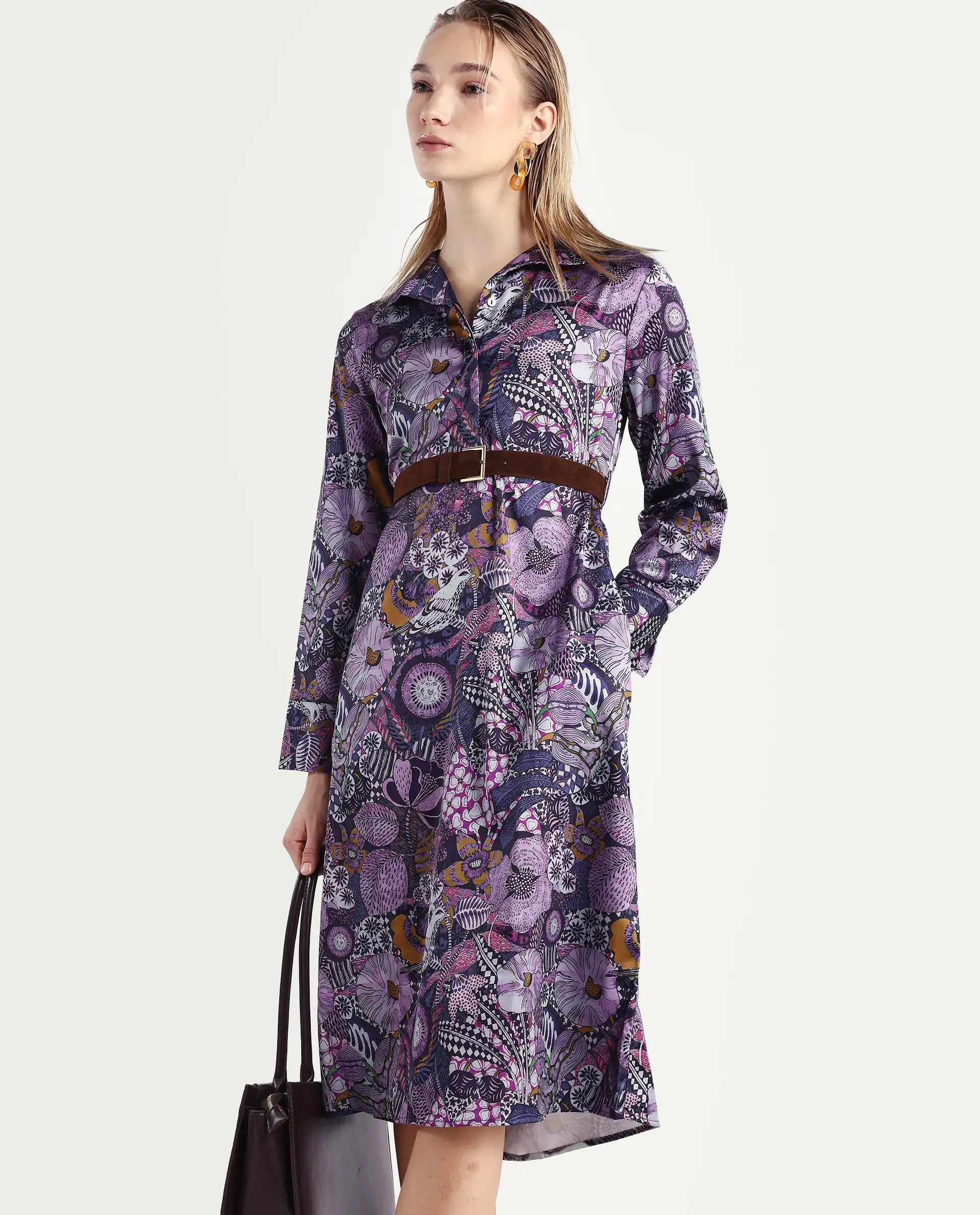 Rareism Women's Shapat Multi Satin High Neck Abstract Print Midi A-Line Dress