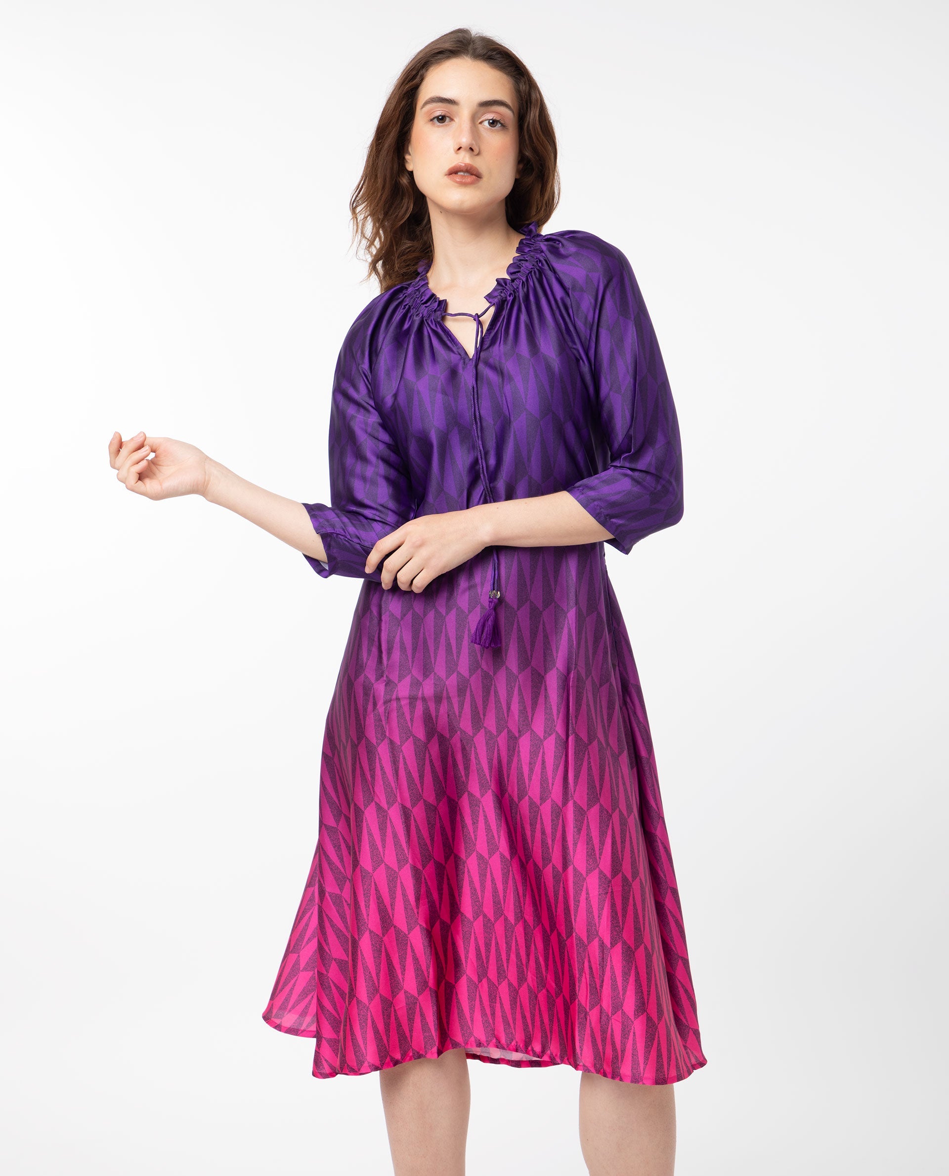 Rareism Women Shaw Pink Polyester Fabric 3/4Th Sleeves Drawstring Closure Tie-Up Neck Regular Fit Ombre Knee Length Dress