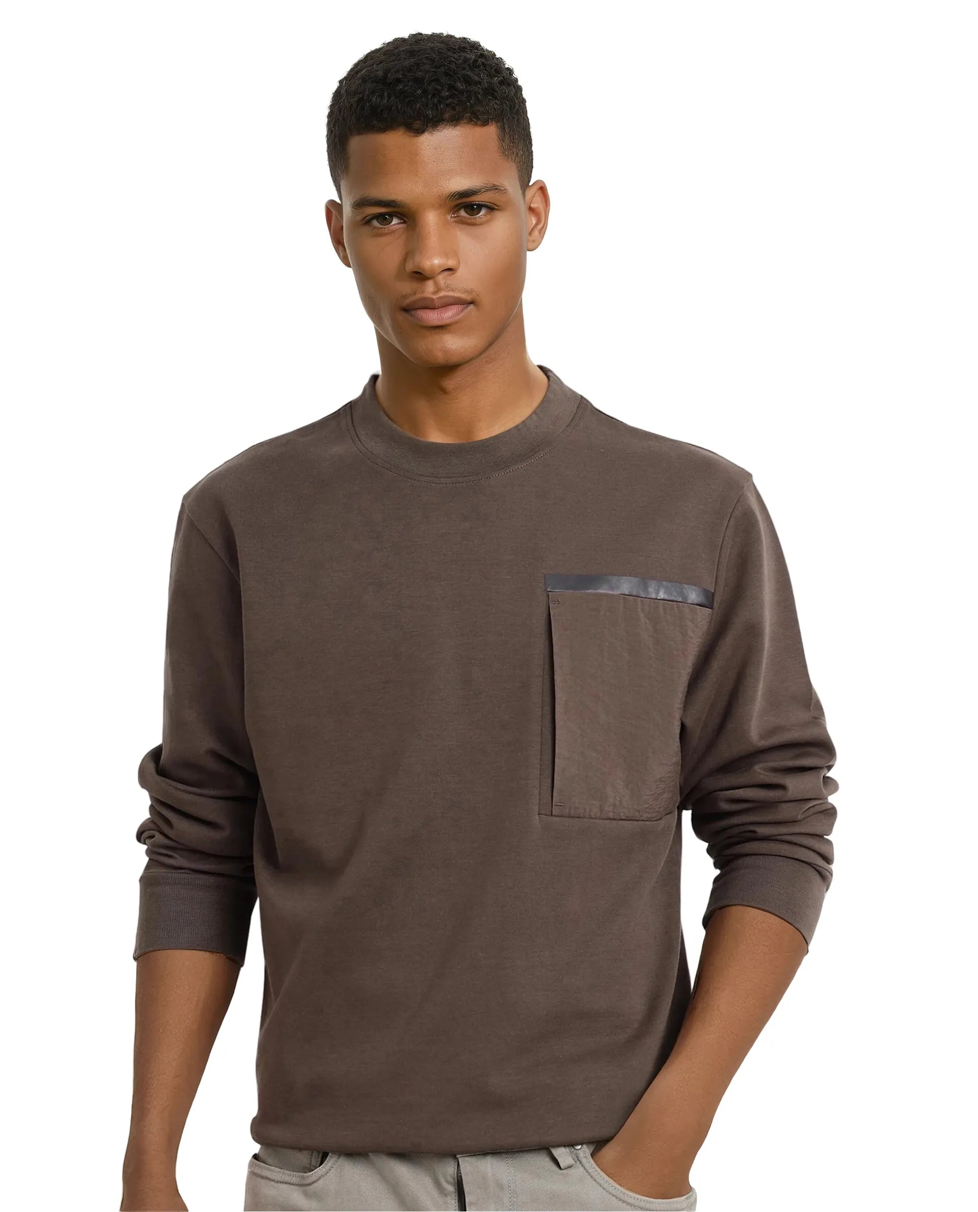 Rare Rabbit Men Shaw Olive Full Sleeve Regular Fit Crew Neck Contrast Pocket Plain Sweatshirt