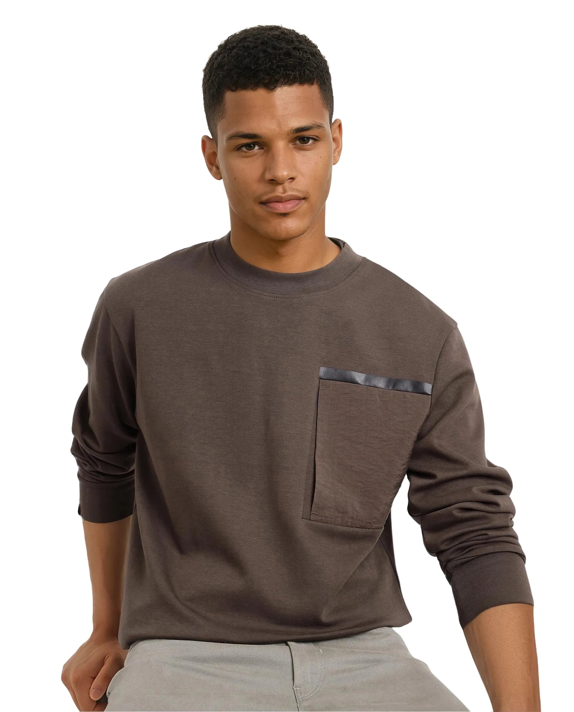 Rare Rabbit Men Shaw Olive Full Sleeve Regular Fit Crew Neck Contrast Pocket Plain Sweatshirt