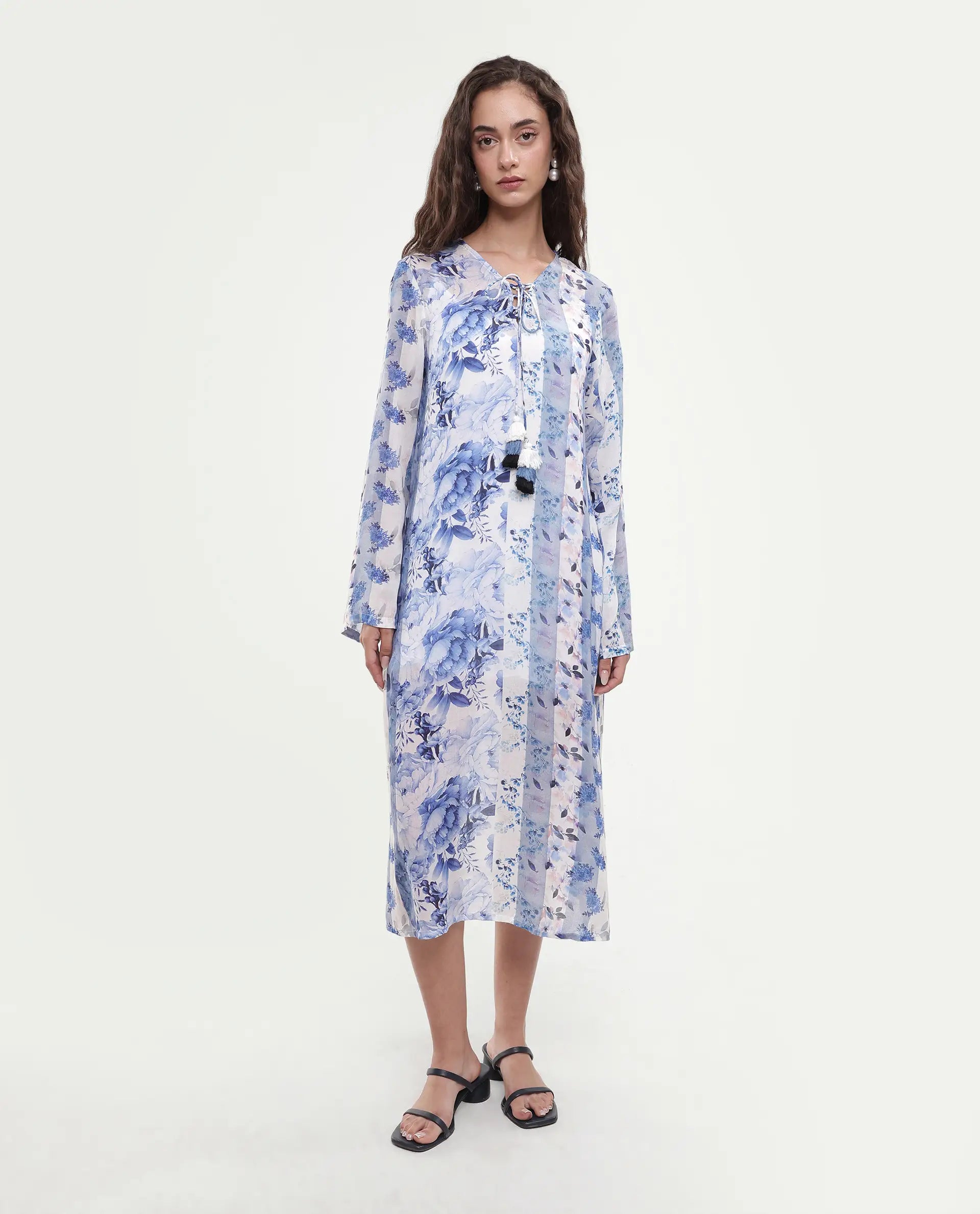 Rareism Women's Shay Blue Modal Tie-Up Neck Floral Print Knee Length Relaxed Fit Shrug